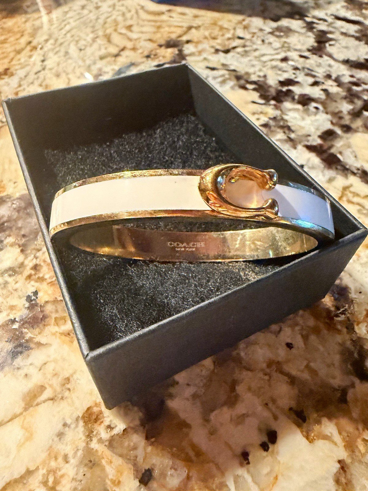 Coach Signed Gold Tone White Enamel Hinged Bangle Cuff Bracelet No Stone