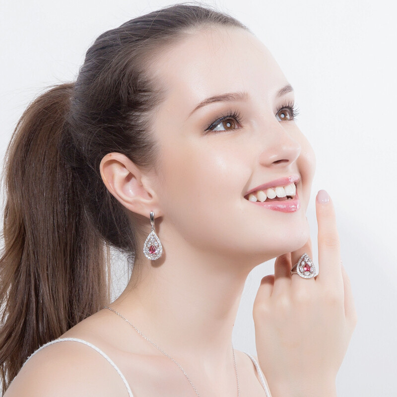 Dangle Drop Pendant Necklace Huggie Earrings Ring Silver Plated CZ Jewelry Set