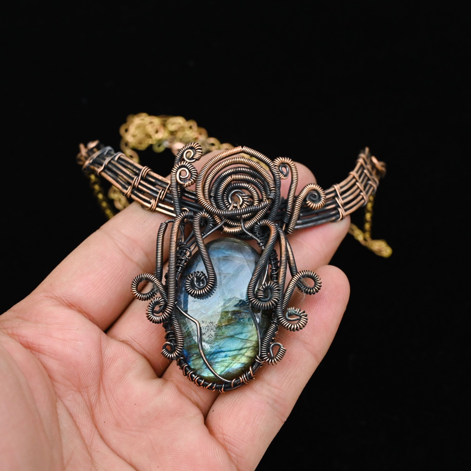 Copper Wire Wrapped Labradorite Pendant Necklace| Large Round Artisan Gemstone