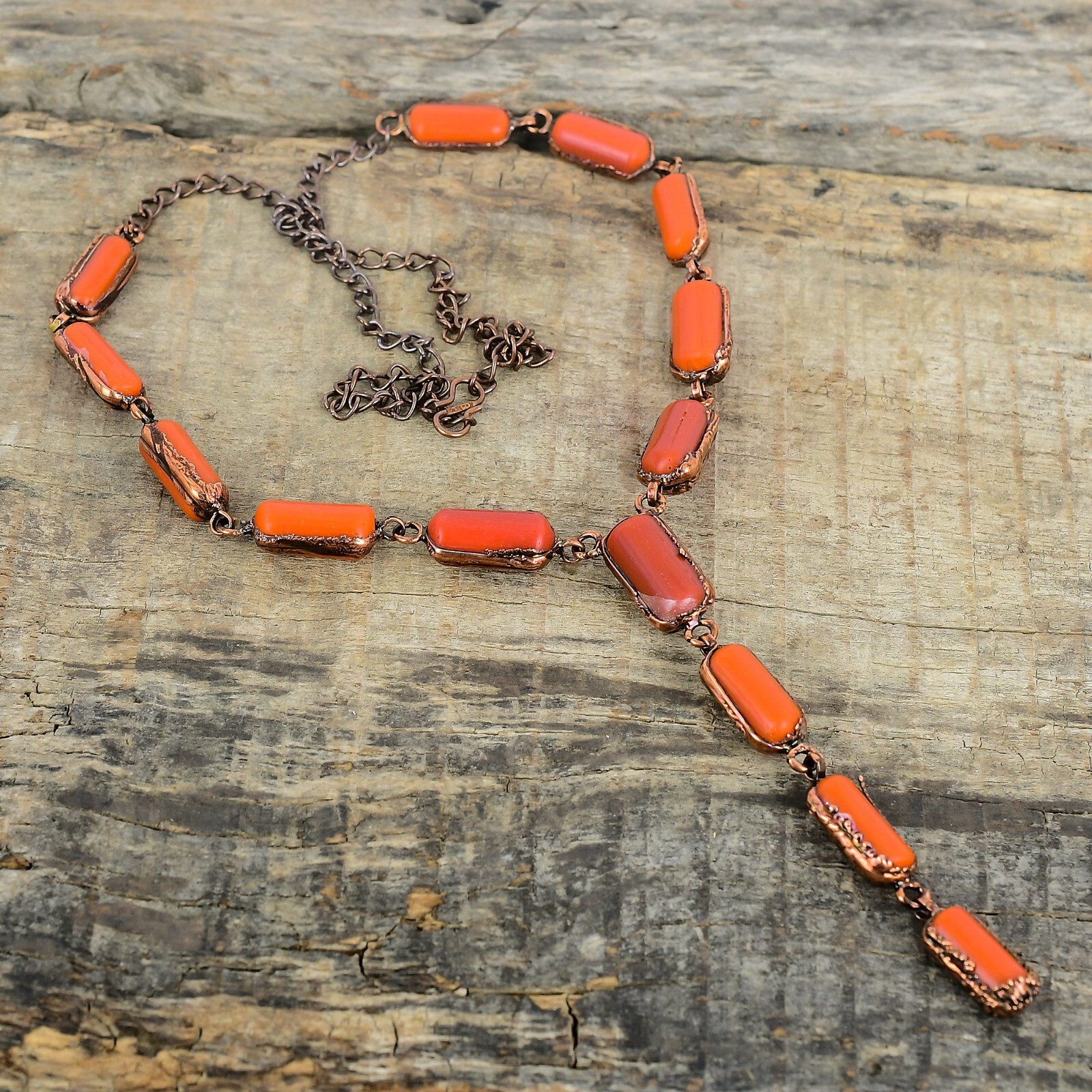 Red Coral Gemstone Turquoise Copper Sister Chain Electroformed Necklace Jewelry