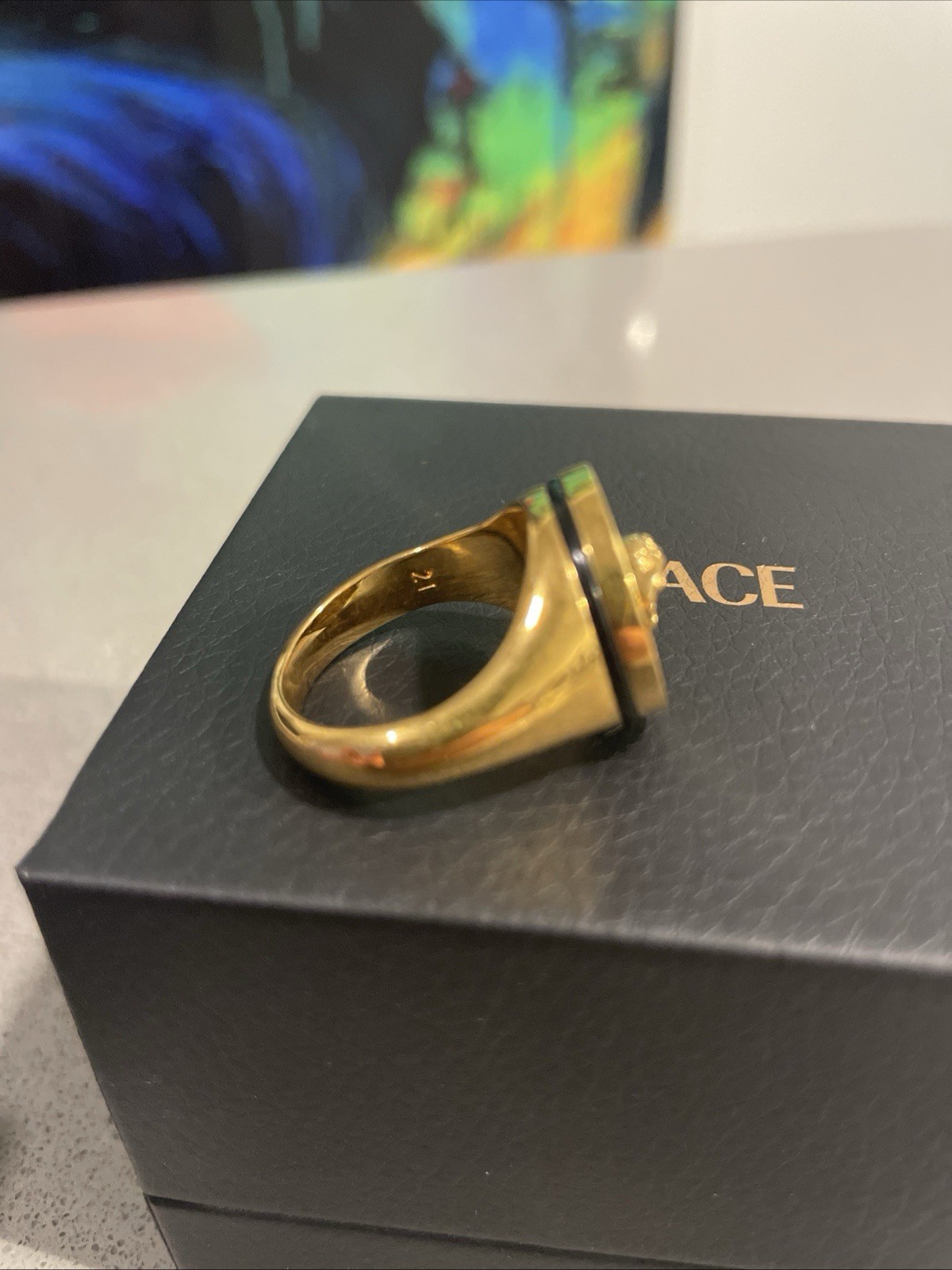 VERSACE Ring Medusa Resin Greca Pattern Back Logo Gold/Black SZ 21 Authentic$680