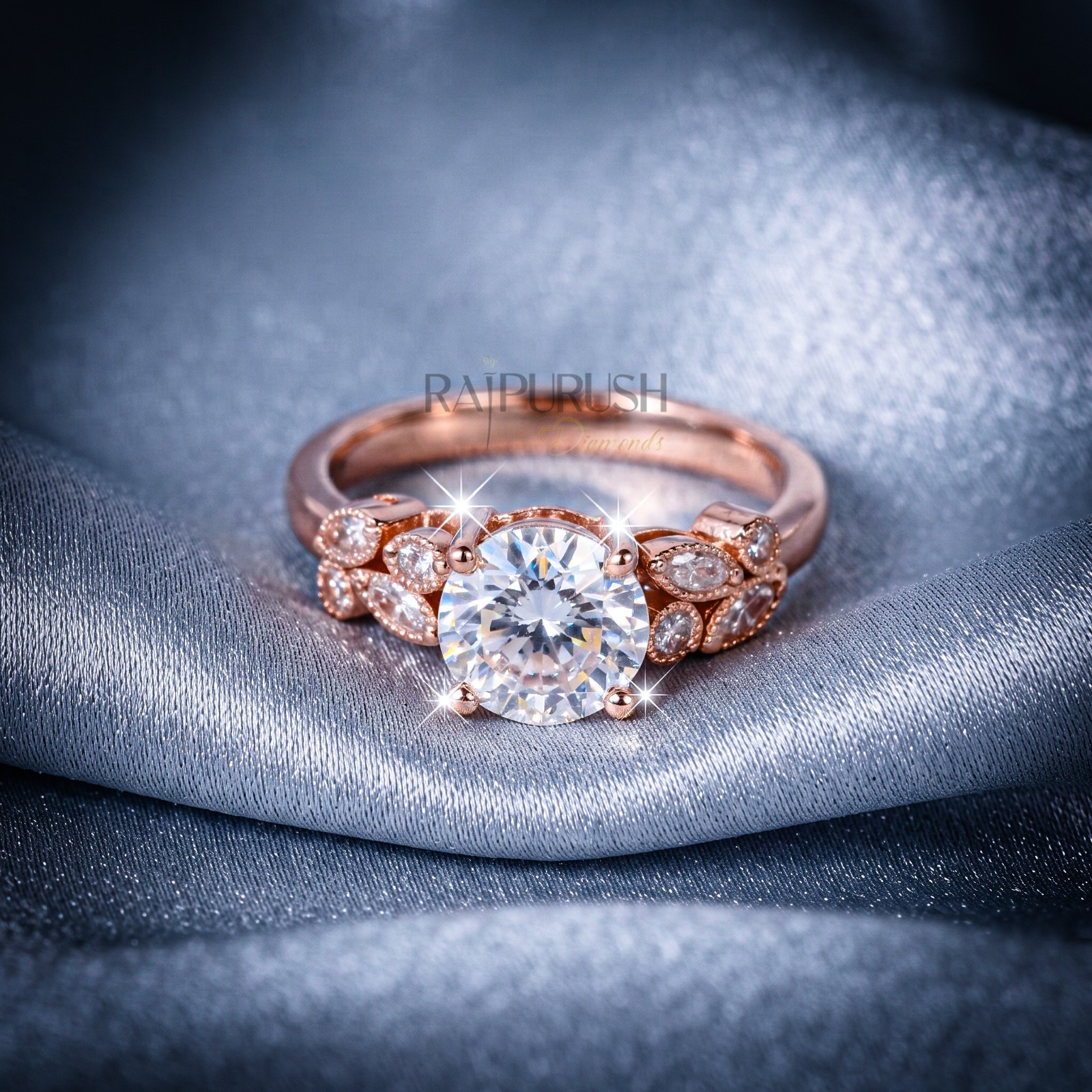 Floral Marquise Moissanite Engagement Ring Gold Plated 925 Silver Bridal Band