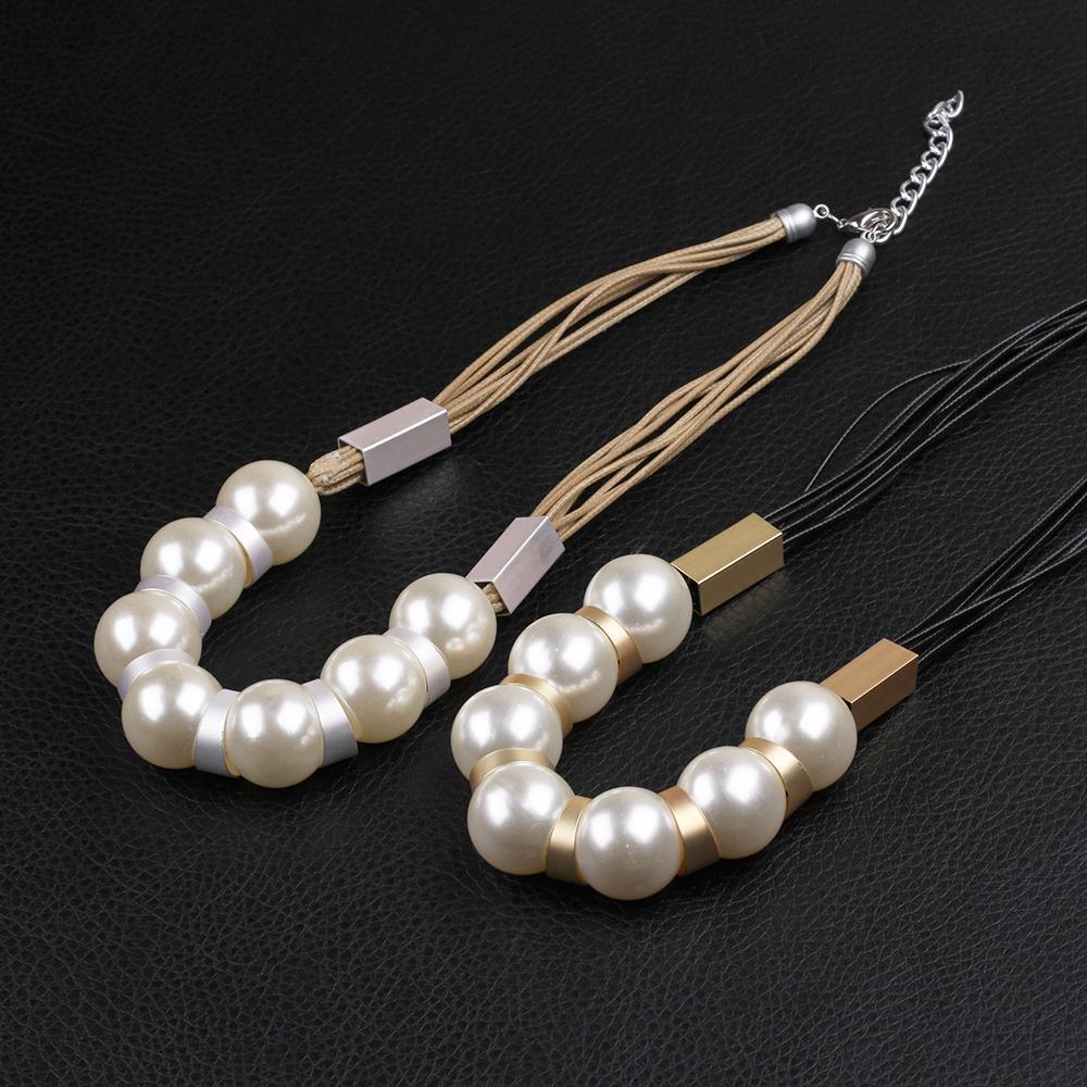 Pearl Imitation Silver Metal Brown Cord Adjustable Size L88