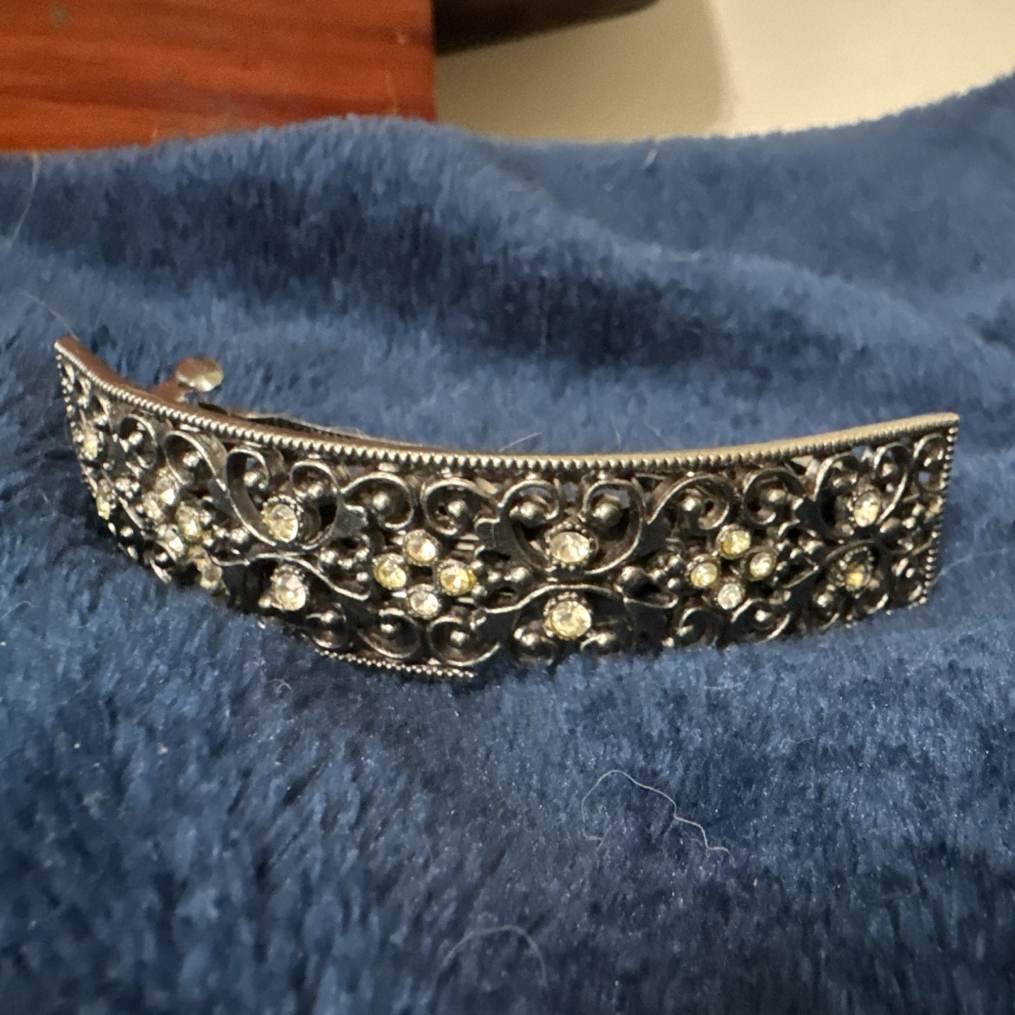 Silver Floral Filigree Cuff Bracelet Clear Round Prong Set Stackable Clip