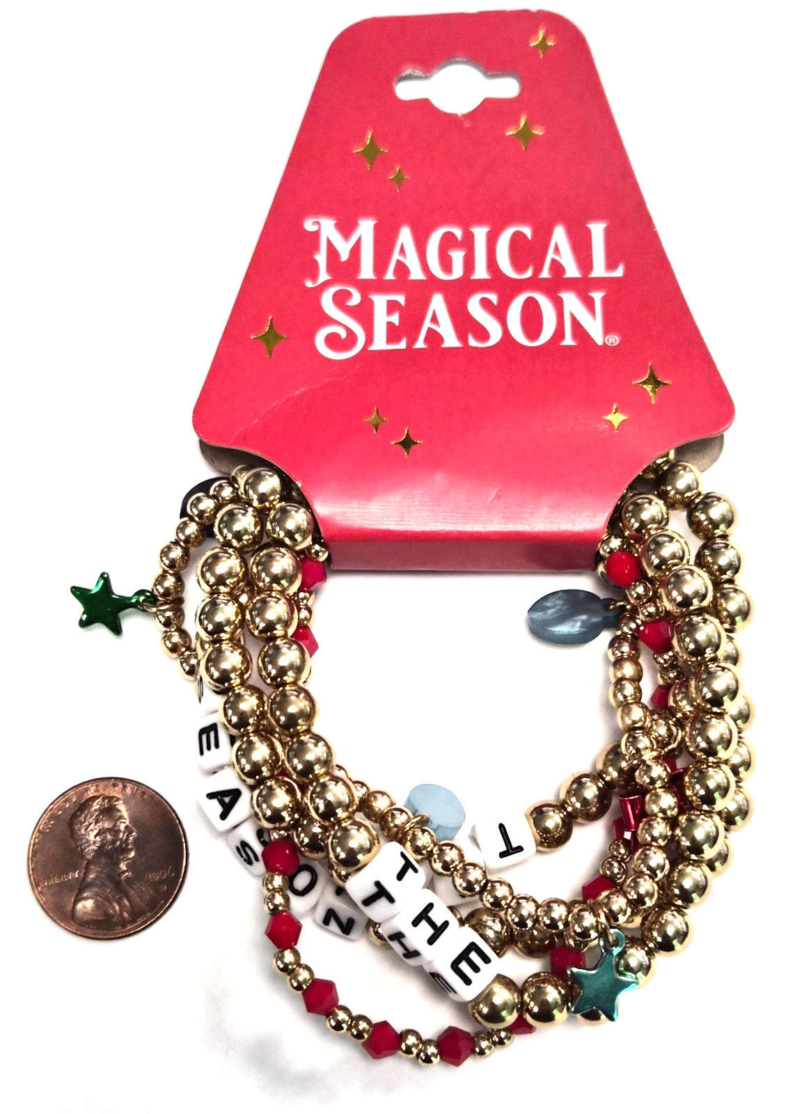 NOS Estate 5 Christmas Holiday Plastic Beaded ” TIS THE SEASON ” 6.5″ Bracelet