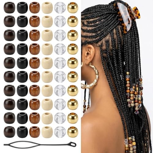 60 Pcs Wooden Hair Beads for Braids & Dreadlocks, Natural Wood Hair Cuffs with