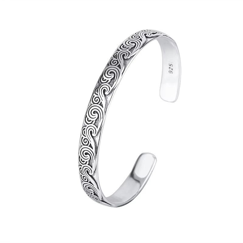 925 Sterling Silver Wave Bracelet Retro Adjustable Bangle Women Jewelry Gift
