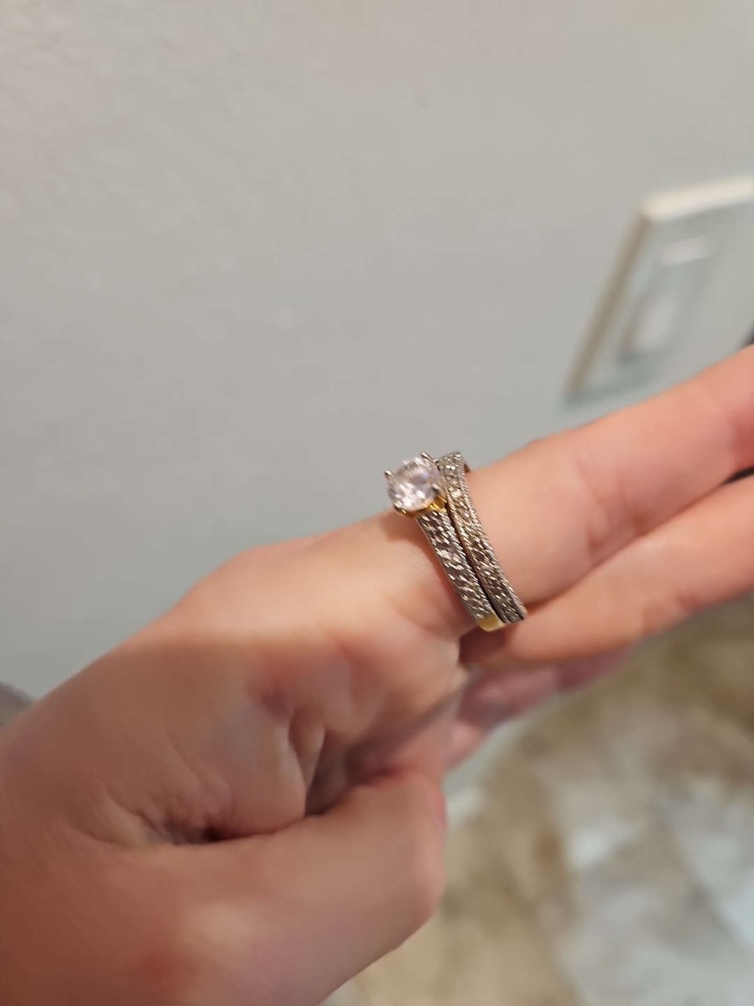 2pc Band & Solitaire Ring sz 8-8.25, No Hallmark gold tone CZ Crystal rhinestone