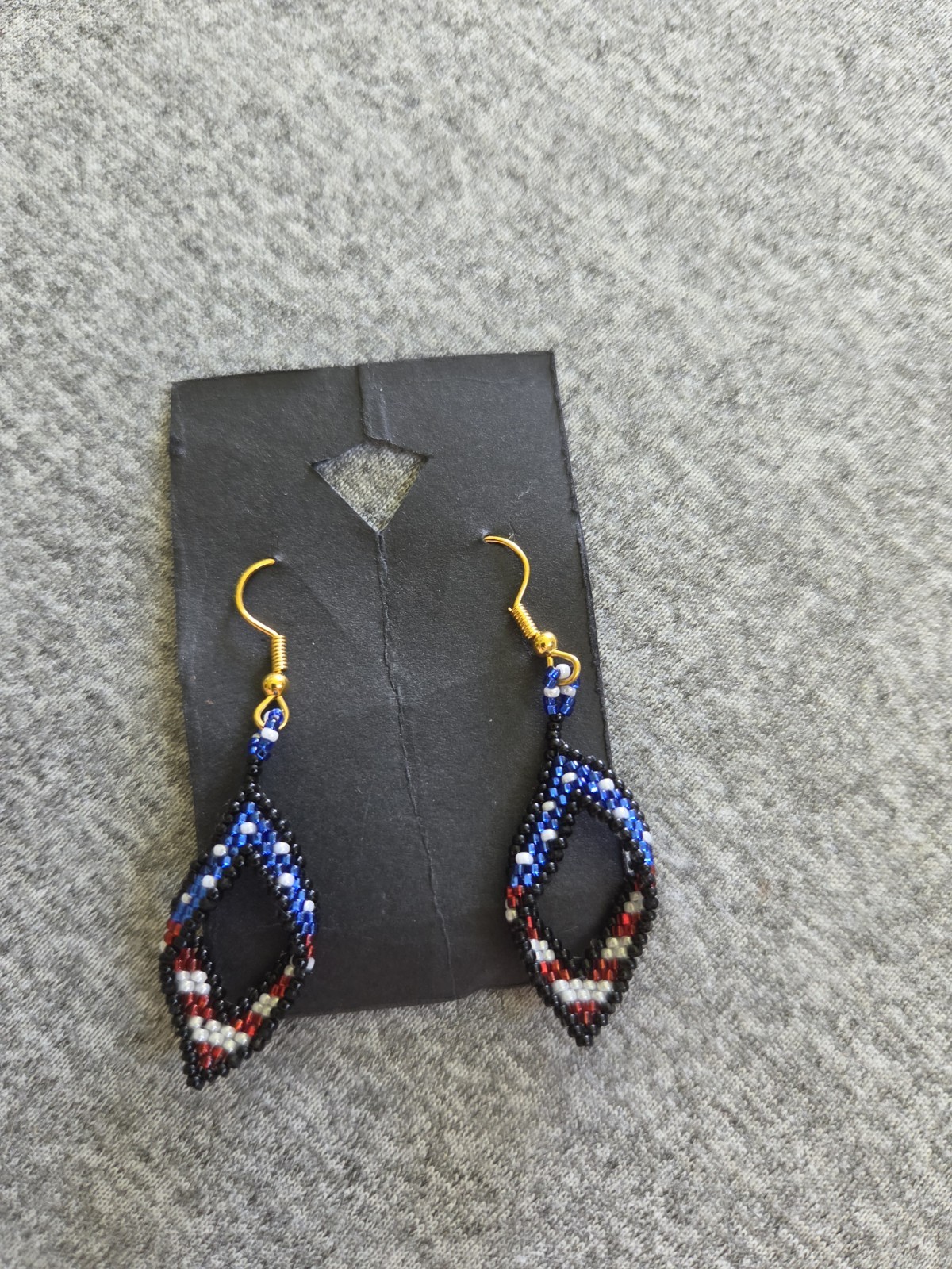 Prison Made Beaded Folded-Leaf Dangle Drop Hook Earrings Red White Blue Black