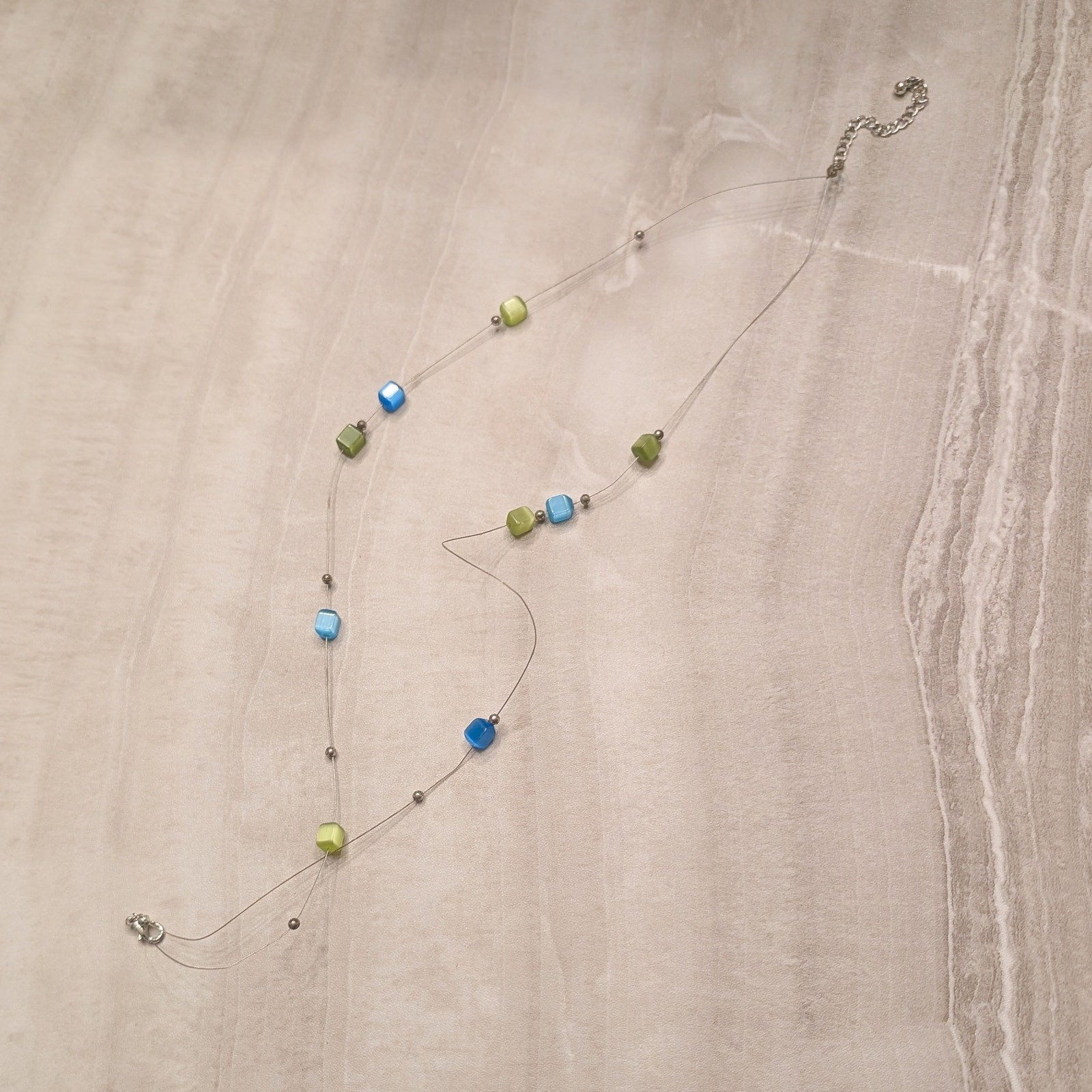 Double Strand Blue & Green Cube Bead Necklace – Fair Condition