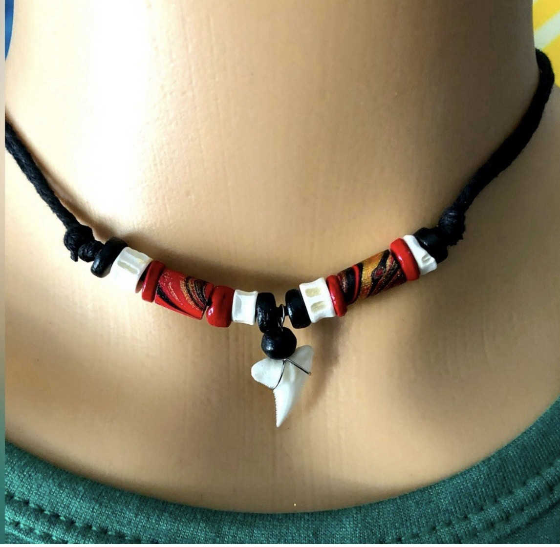 Black Cord Beaded Necklace Tooth Charm Pendant Beach Theme Red White Beads