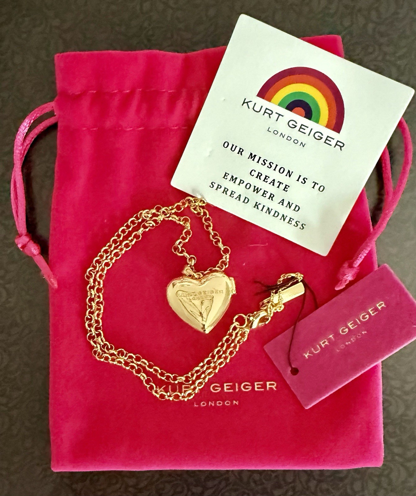 KURT GEIGER LONDON GOLD TONE RAINBOW EAGLE HEAD HEART LOCKET NECKLACE 16”+2” NWT