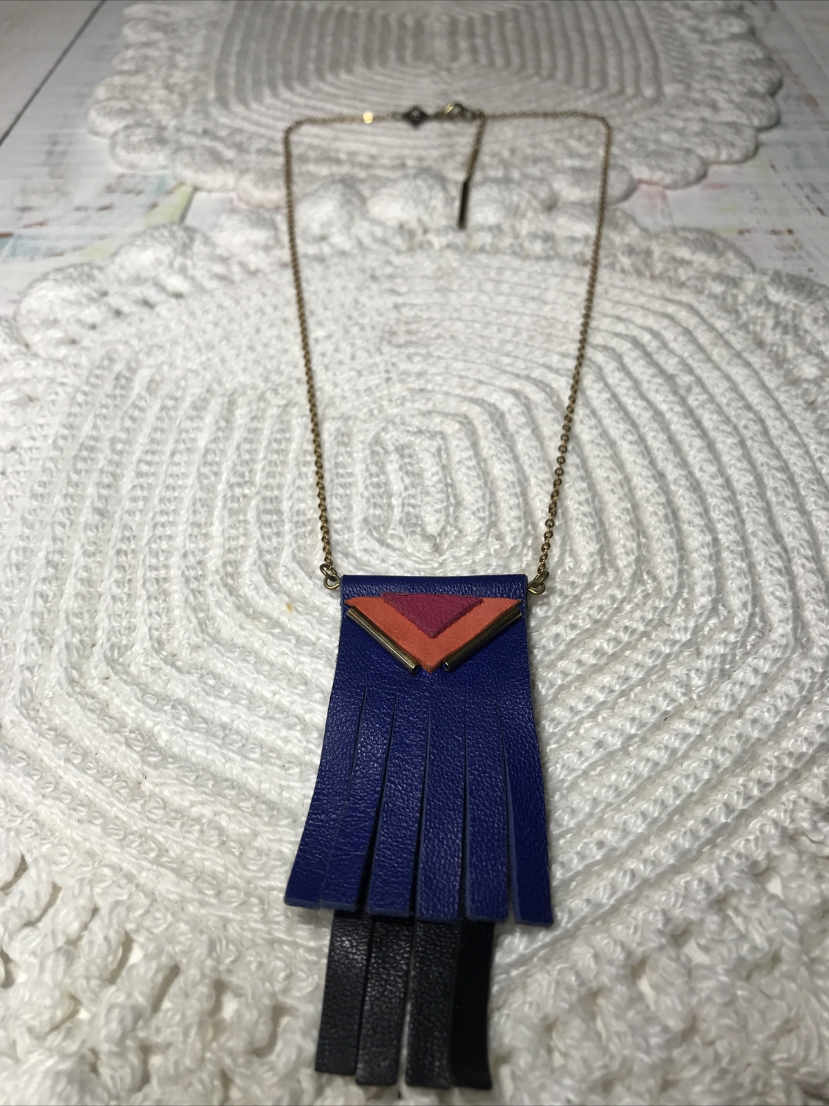 Fosseth Necklace Blue Orange Pink Leather Pendant GoldTone Chain Adj 20”- 22” L