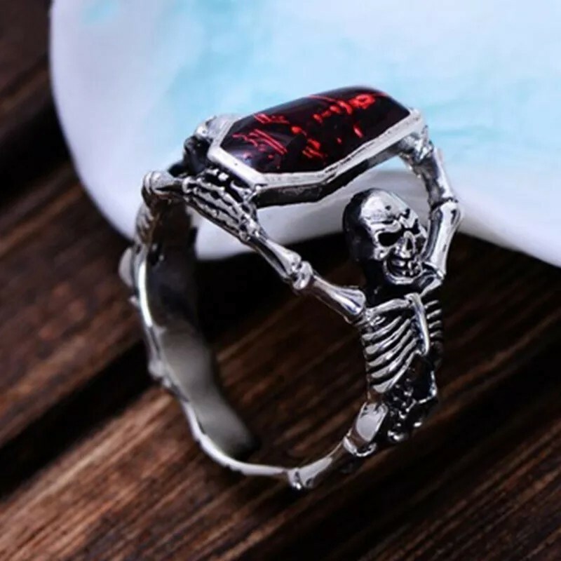 New Vintage Punk Skull Ring Unisex Hip Hop Engagement Rings Fashion Red Zircon