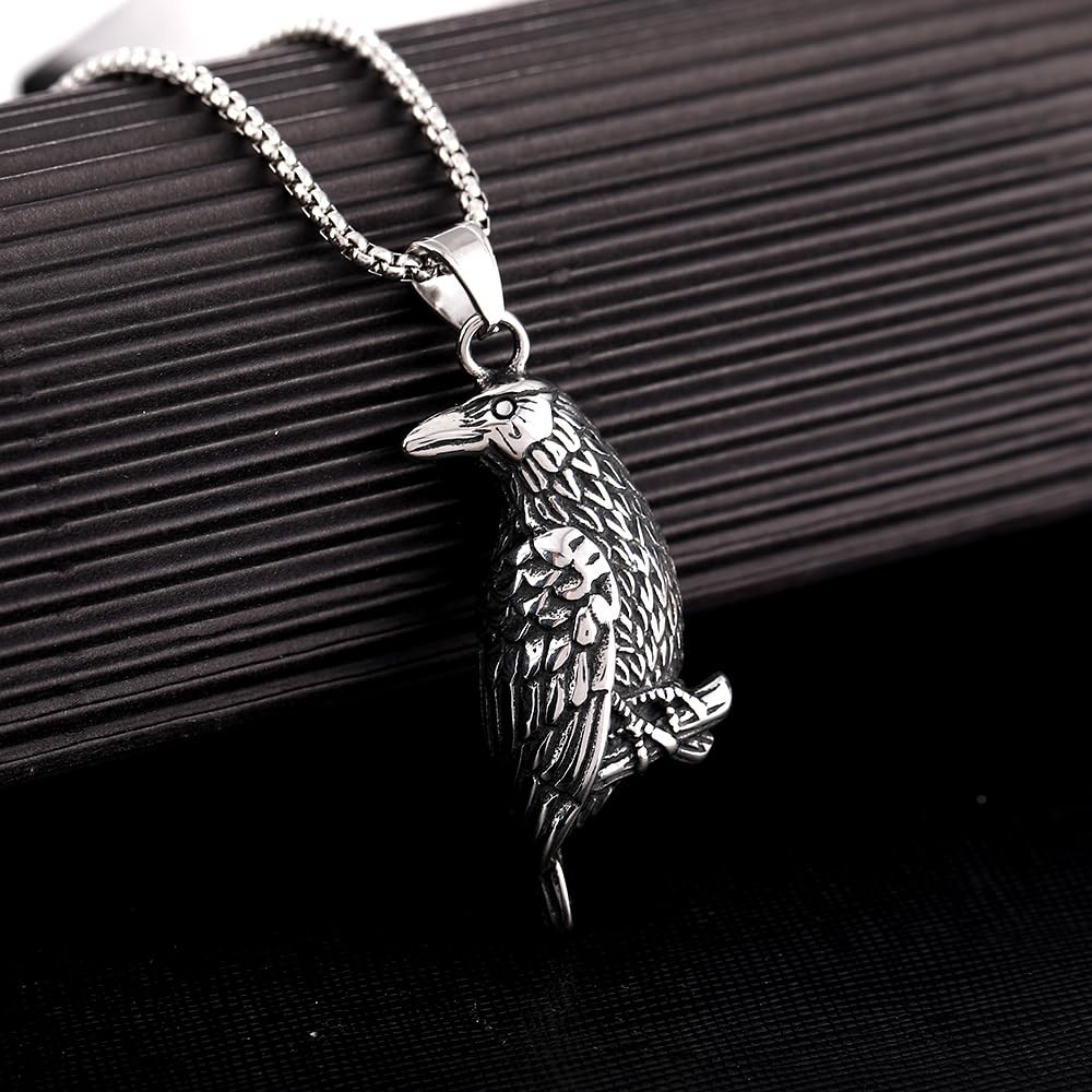 Viking Raven Necklace – Stainless Steel Norse Mythology Odin Crow Raven Penda…