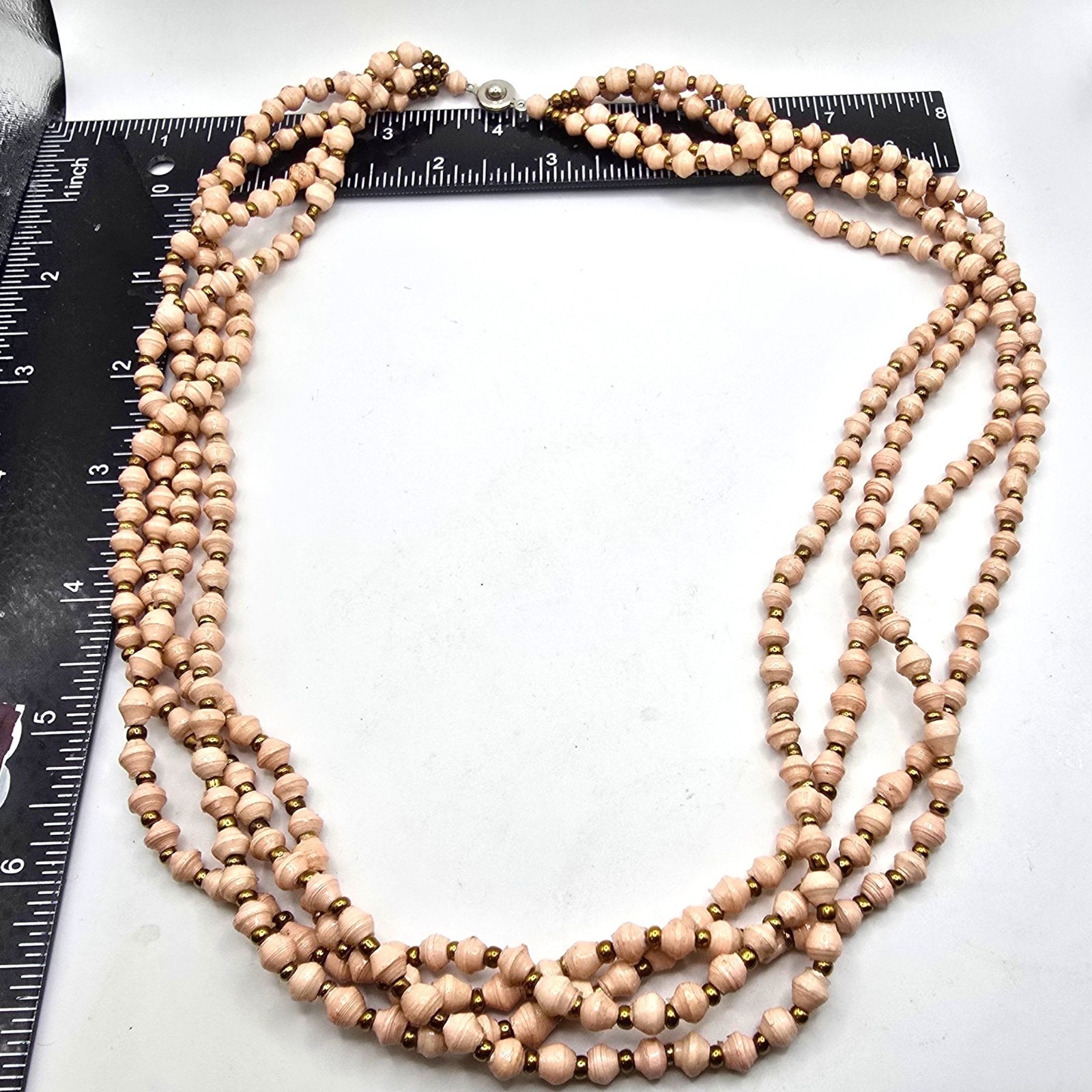 Vintage Necklace Bicone Soft Pink Bead Four Strand Brass Tone Spacer 24″ SKU2285