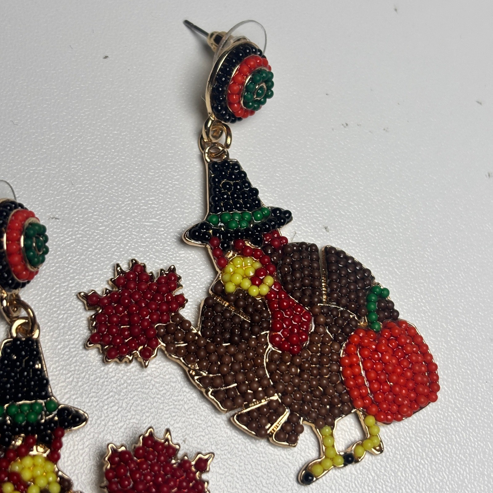 Beaded Thanksgiving Turkey Pilgrim Hat Pumpkin Maple Leaf Dangle Earrings Gold