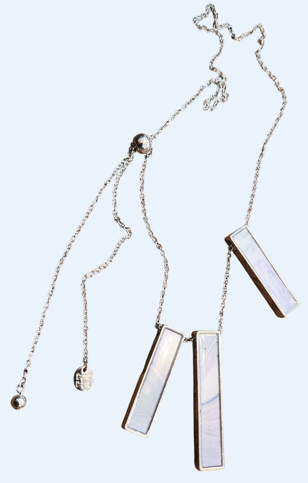 Howard Adjustable Silvertone Necklace With Opalescent Rectangle Beads 28″ Chain