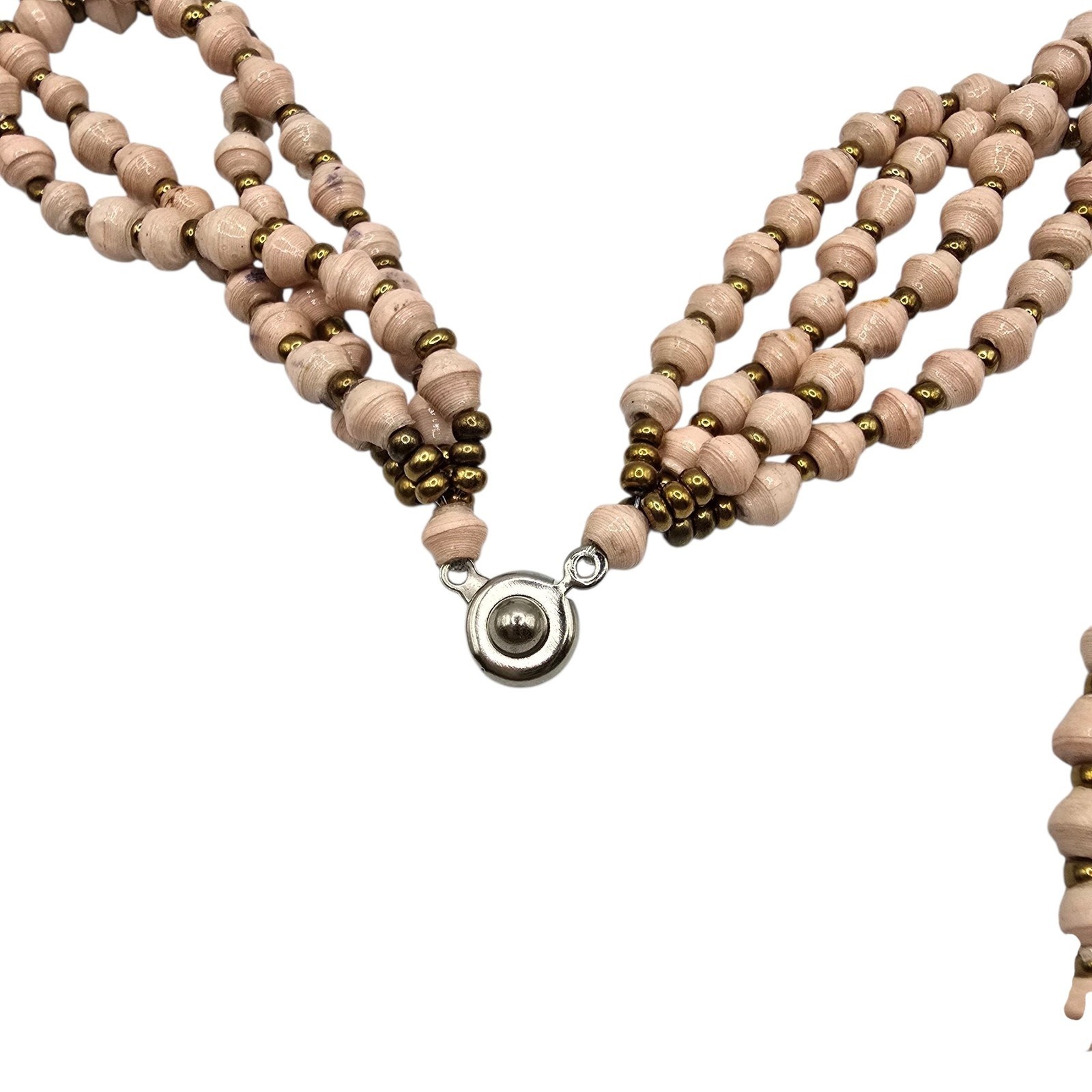 Vintage Necklace Bicone Soft Pink Bead Four Strand Brass Tone Spacer 24″ SKU2285