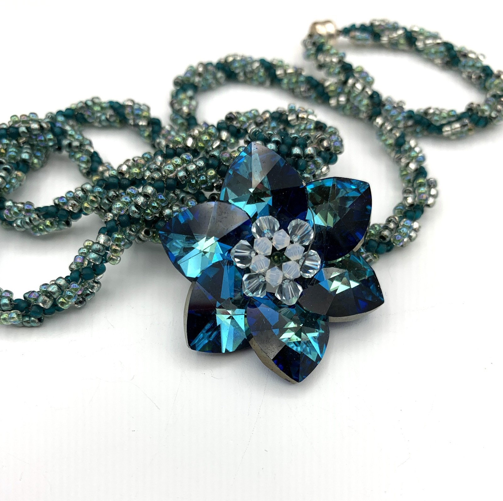 Swarovski Crystal Blue Flower & Peyote Stitch Cord, 10Kt Clasp Removable Pendant