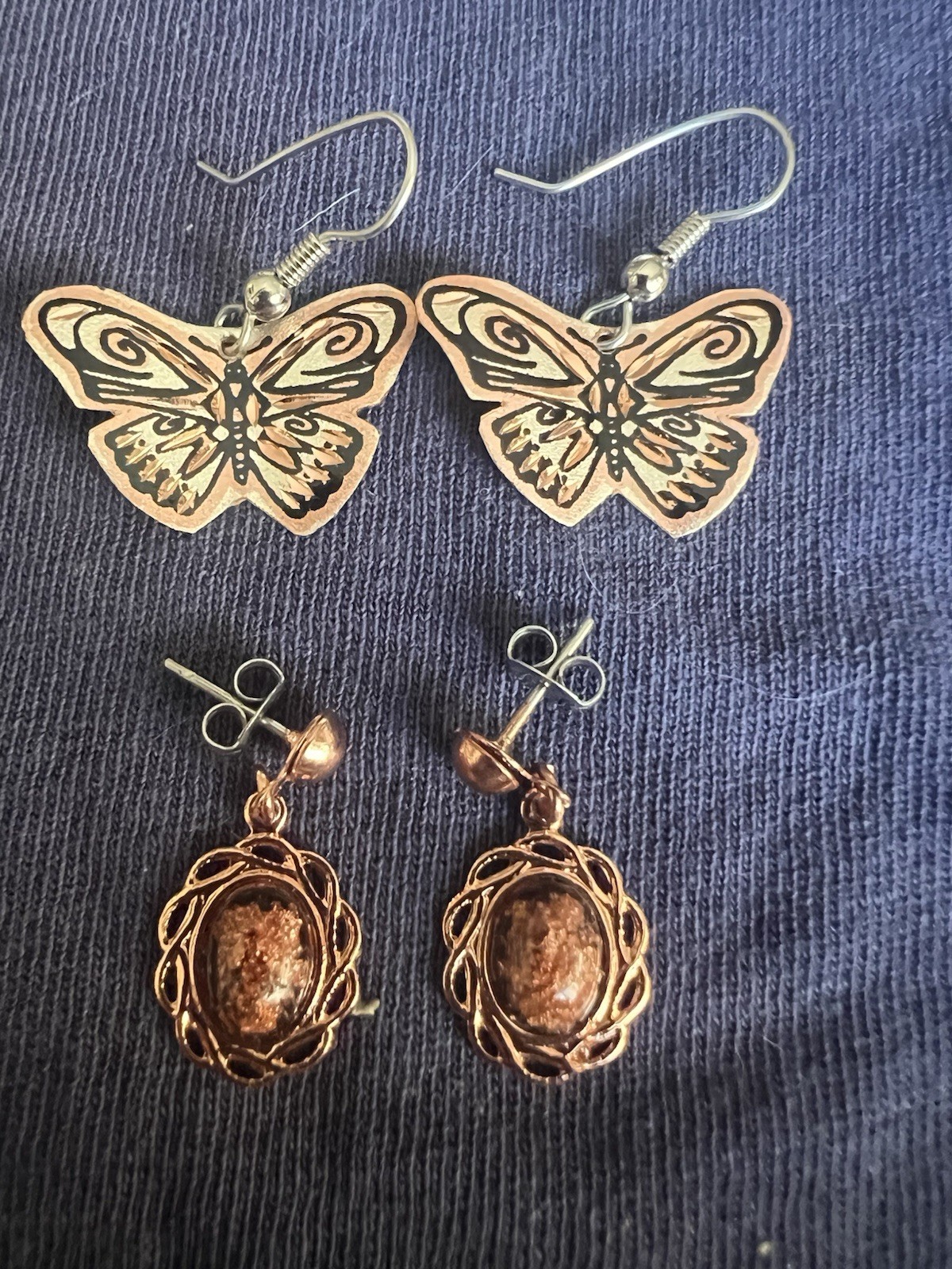 Three Pairs Of Copper Earrings, Copper And Epoxy, Copper Butterfly 328