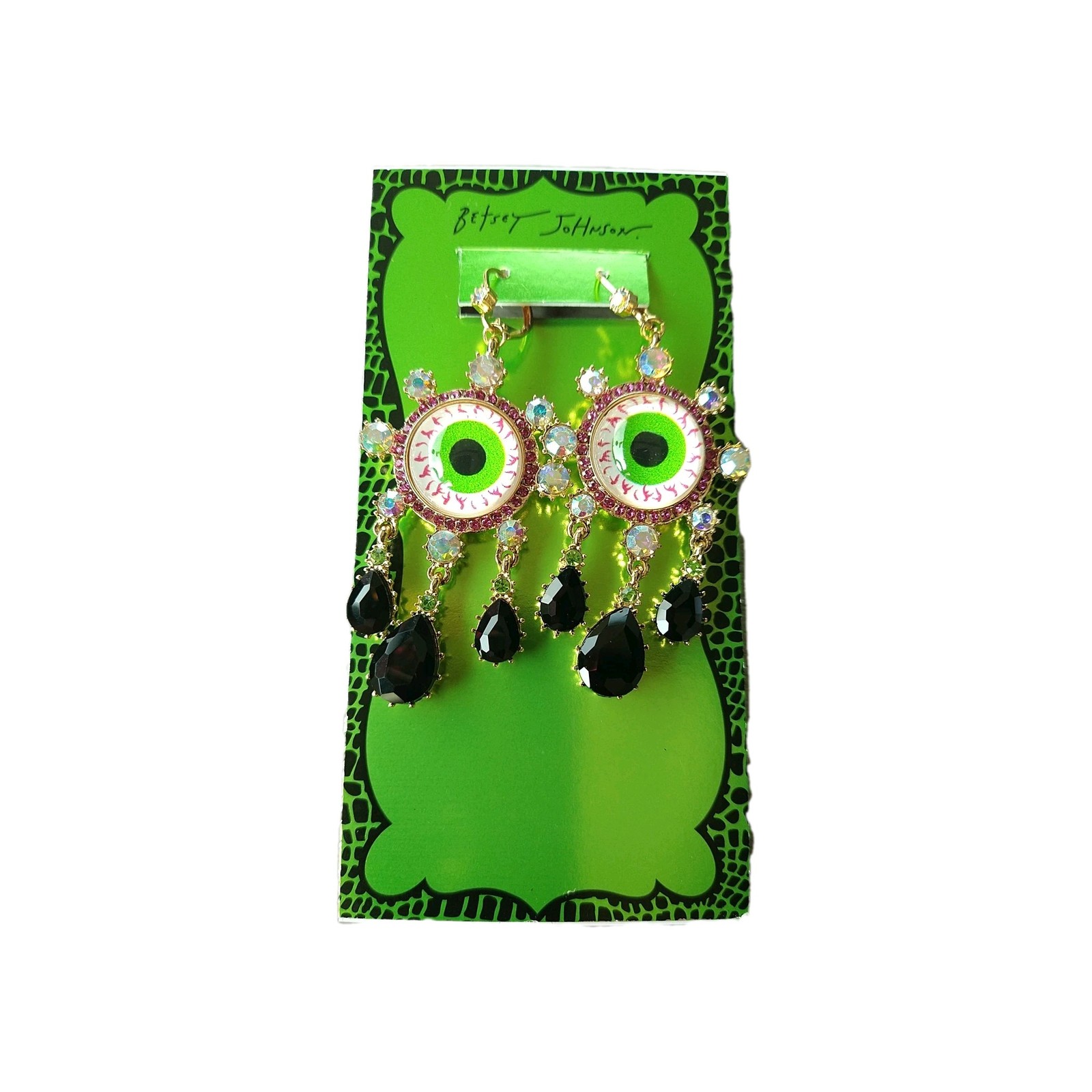 BETSEY JOHNSON DANGLE DROP EVIL EYE EARRINGS BLACK CRYSTAL TEARS HALLOWEEN NWT