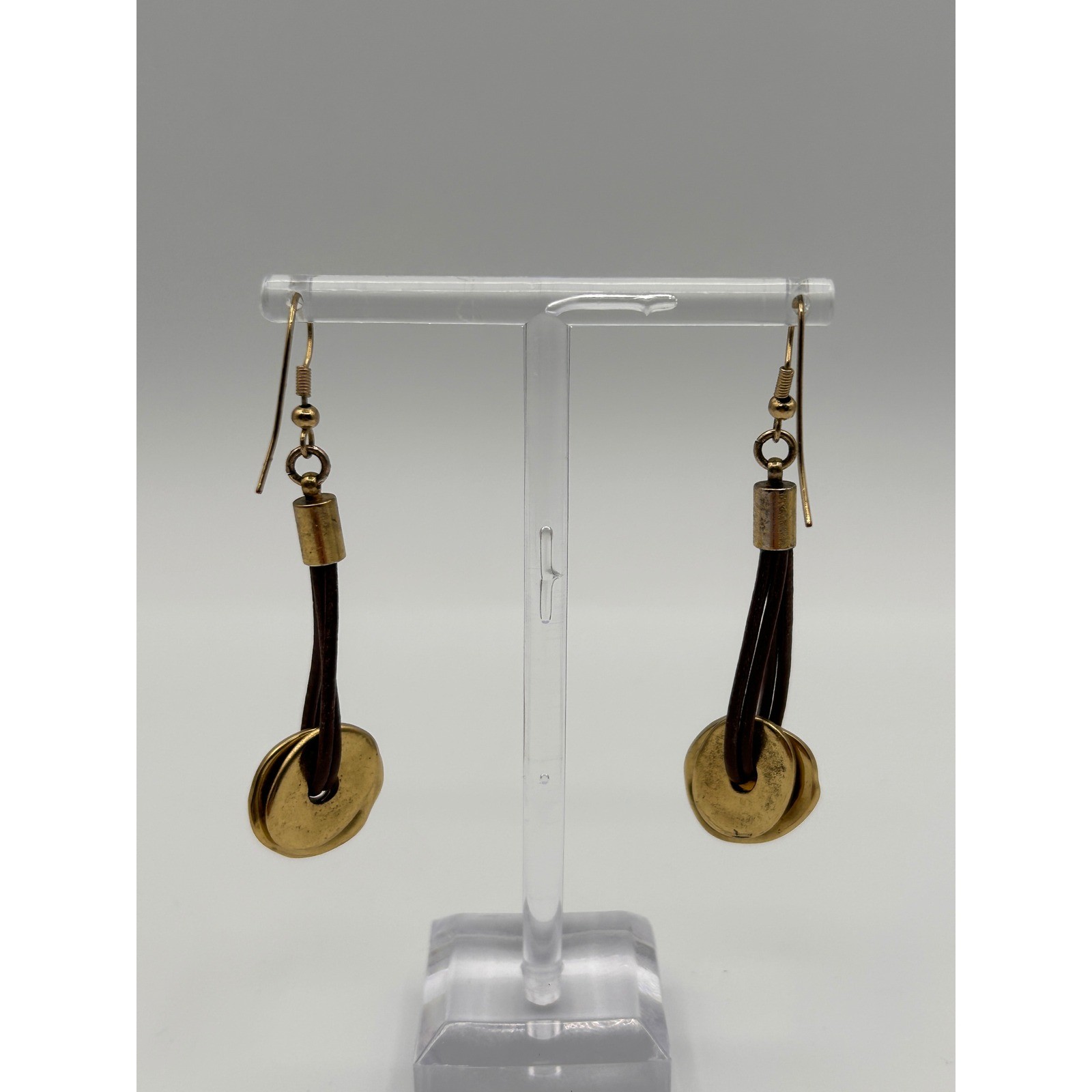 Boho Hammered Gold Tone Disc Brown Cord Drop Dangle Earrings Artisan Style 2″