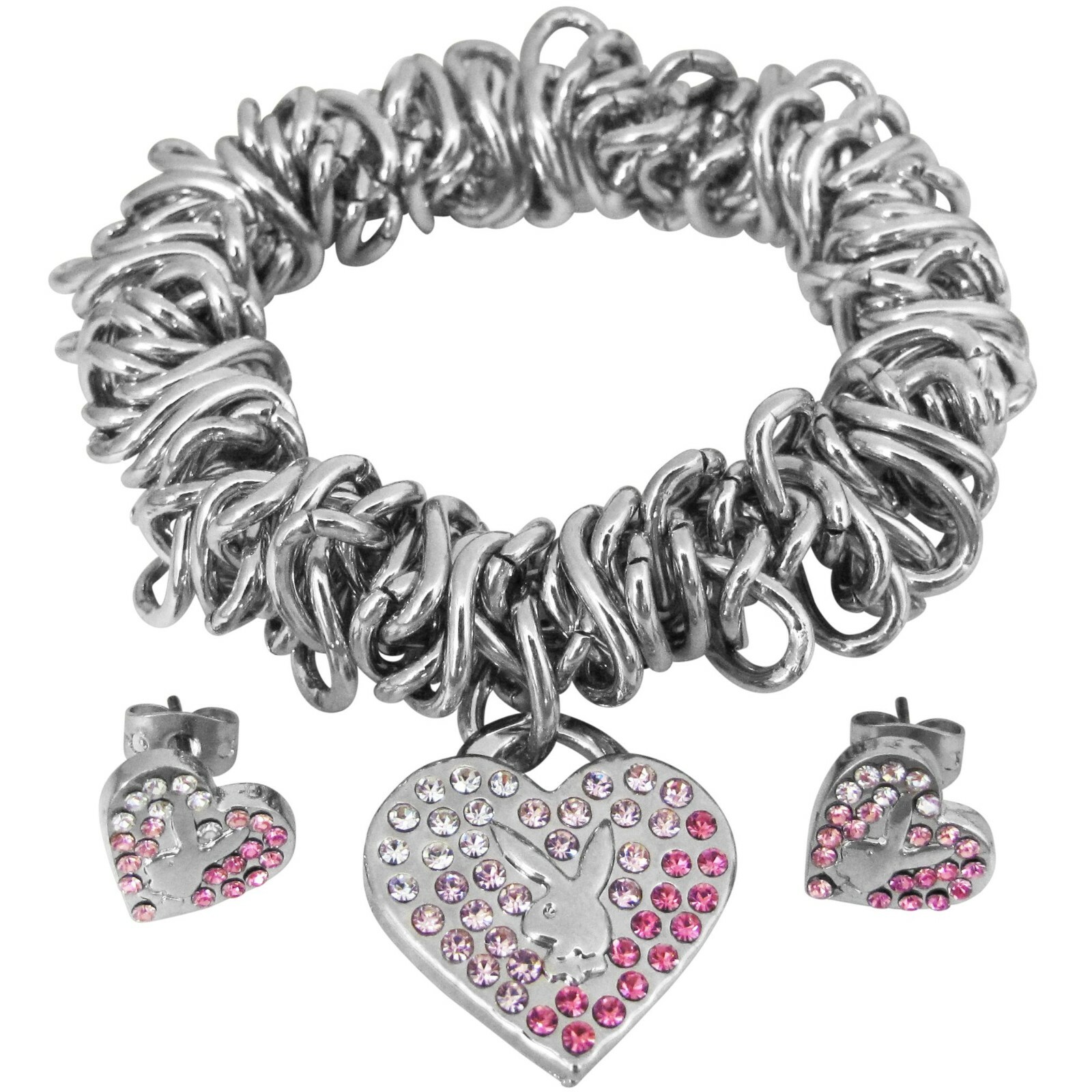 Playboy Jewelry Set Bracelet Earrings Bunny Heart Charm Play Boy y2k Deadstock x