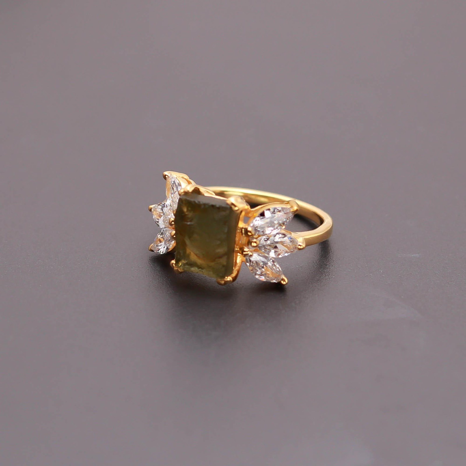 Raw Moldavite Octagon Ring, 925 Sterling Silver Gold Filled Handmade Jewelry