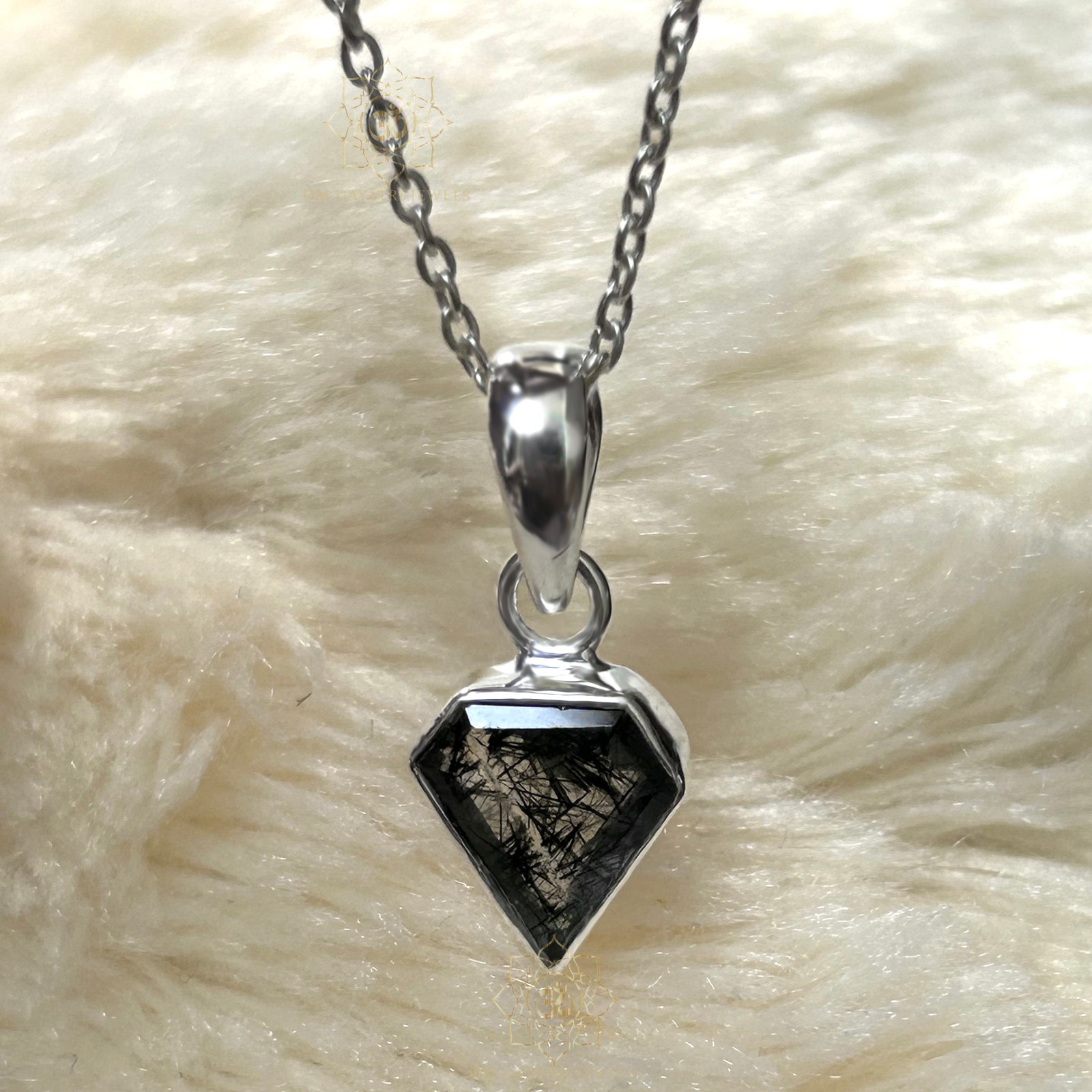Pentagon Black Rutile Quartz Pendant Sterling Silver Handmade Jewelry 8mm