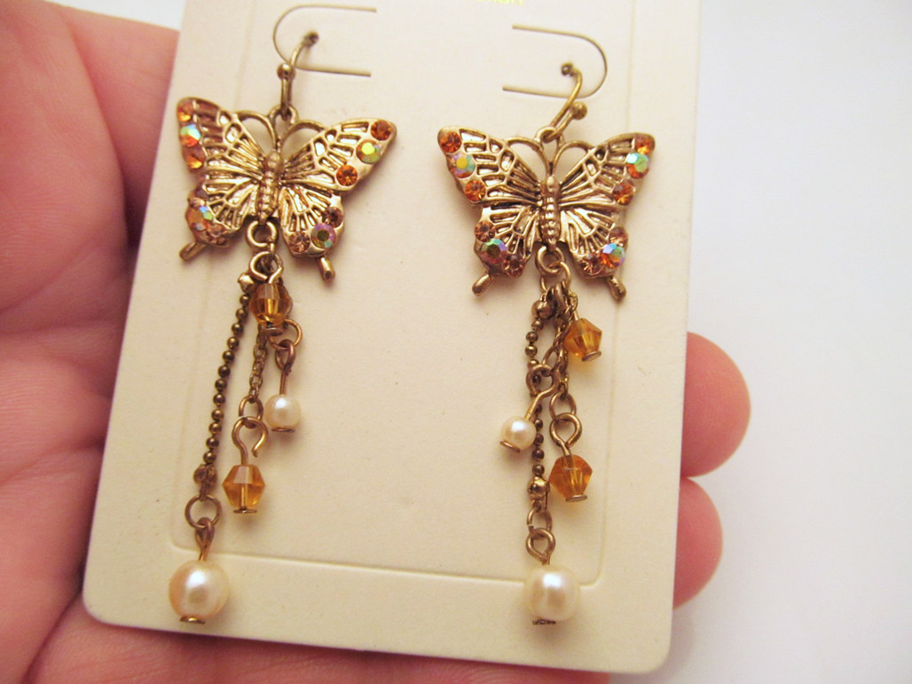 *NEW Gold Tone Butterfly Drop Amber Crystal Pierced Earrings by Antika