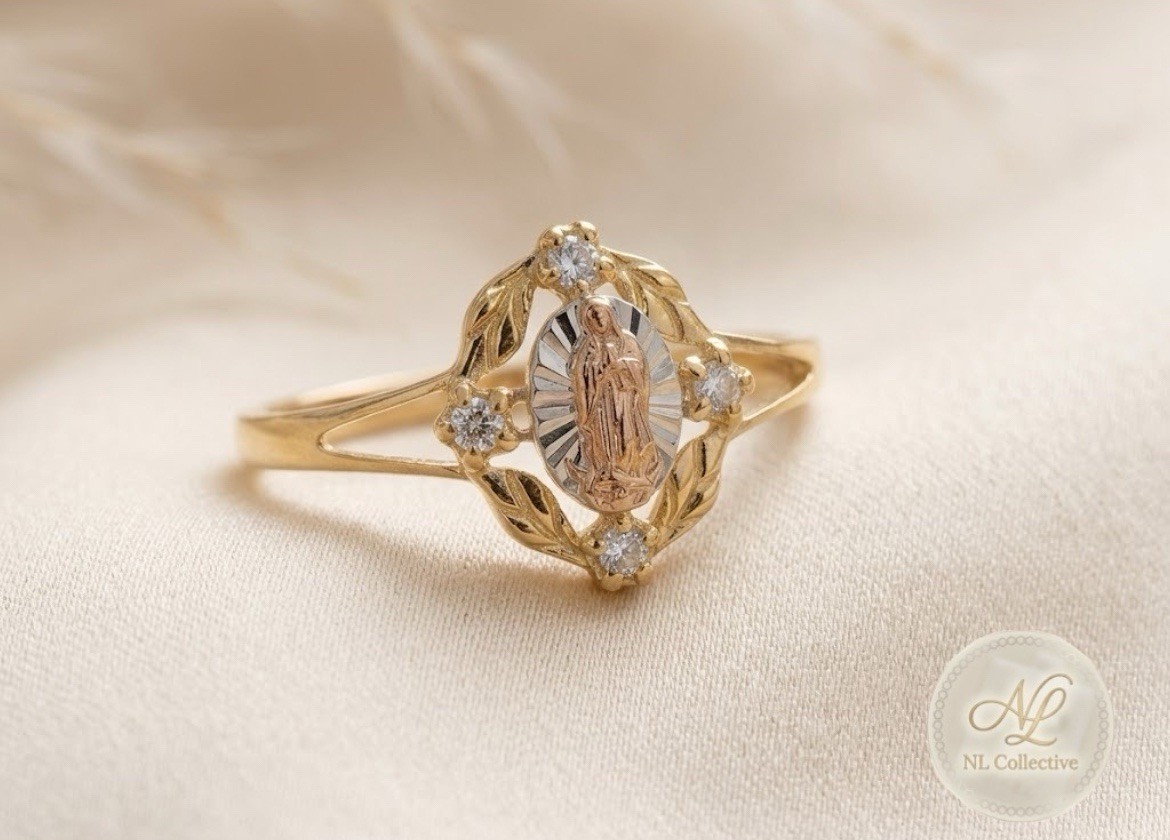 925 Sterling Silver Gold Over Virgin Mary Guadalupe Ring CZ Size 8