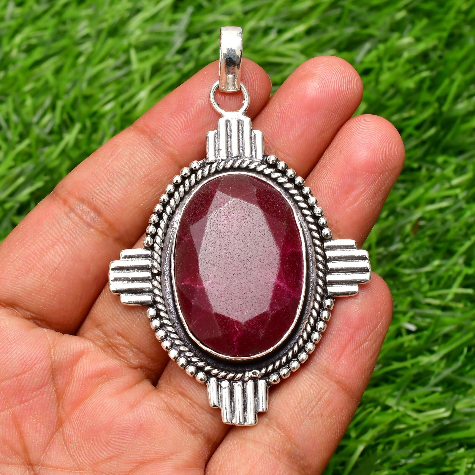 Ruby(Lab-Created) Gemstone 925 Sterling Silver Handmade Jewelry Pendant 2.10″