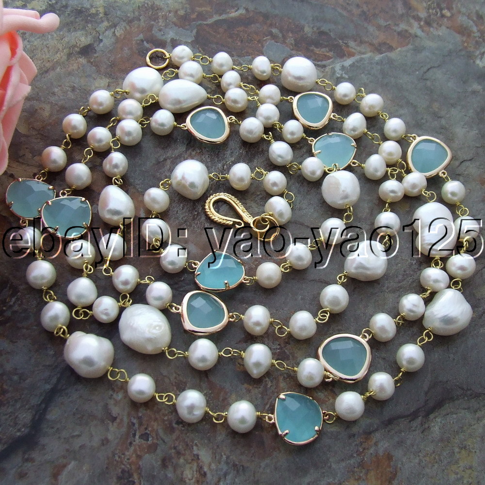 S122901 44″ 15mm White Baroque Keshi Pearl Blue Crystal Necklace