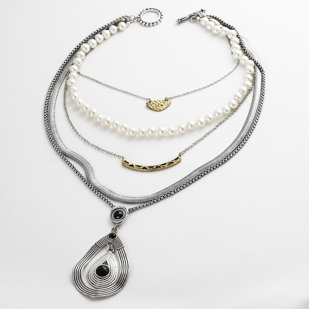Boho Multi-strand Necklace Vintage Pearl Teardrop Pendant Jewelry For Women