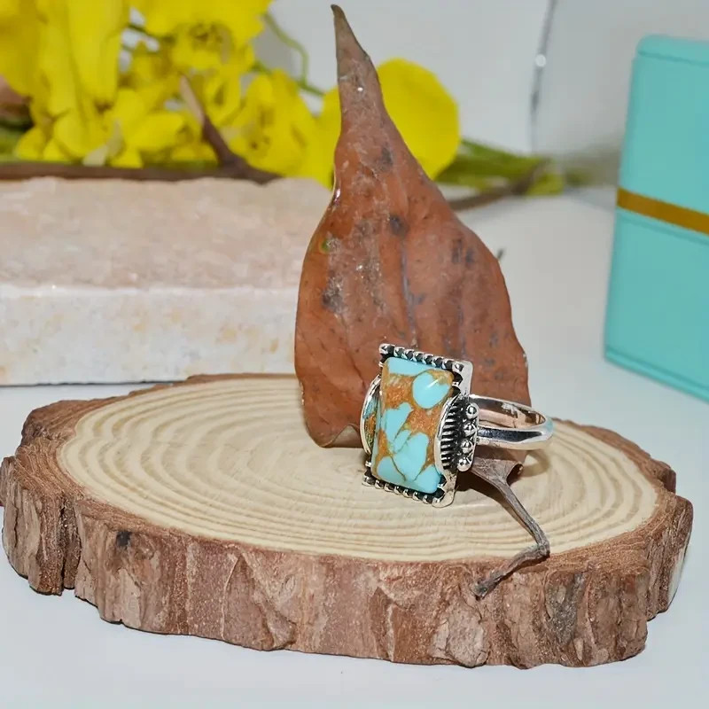 Boho 925 Sterling Silver Elegant Charms Vintage Turquoise Charms Ring Size 9