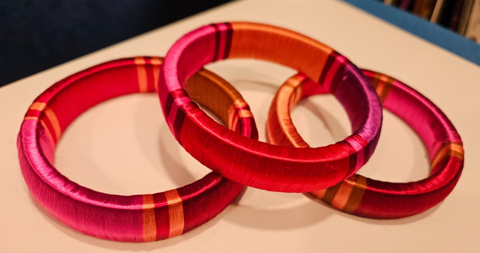 3 Red and Pink silk wrapped bangle bracelets from India 1/2″ by 2 3/4 inches