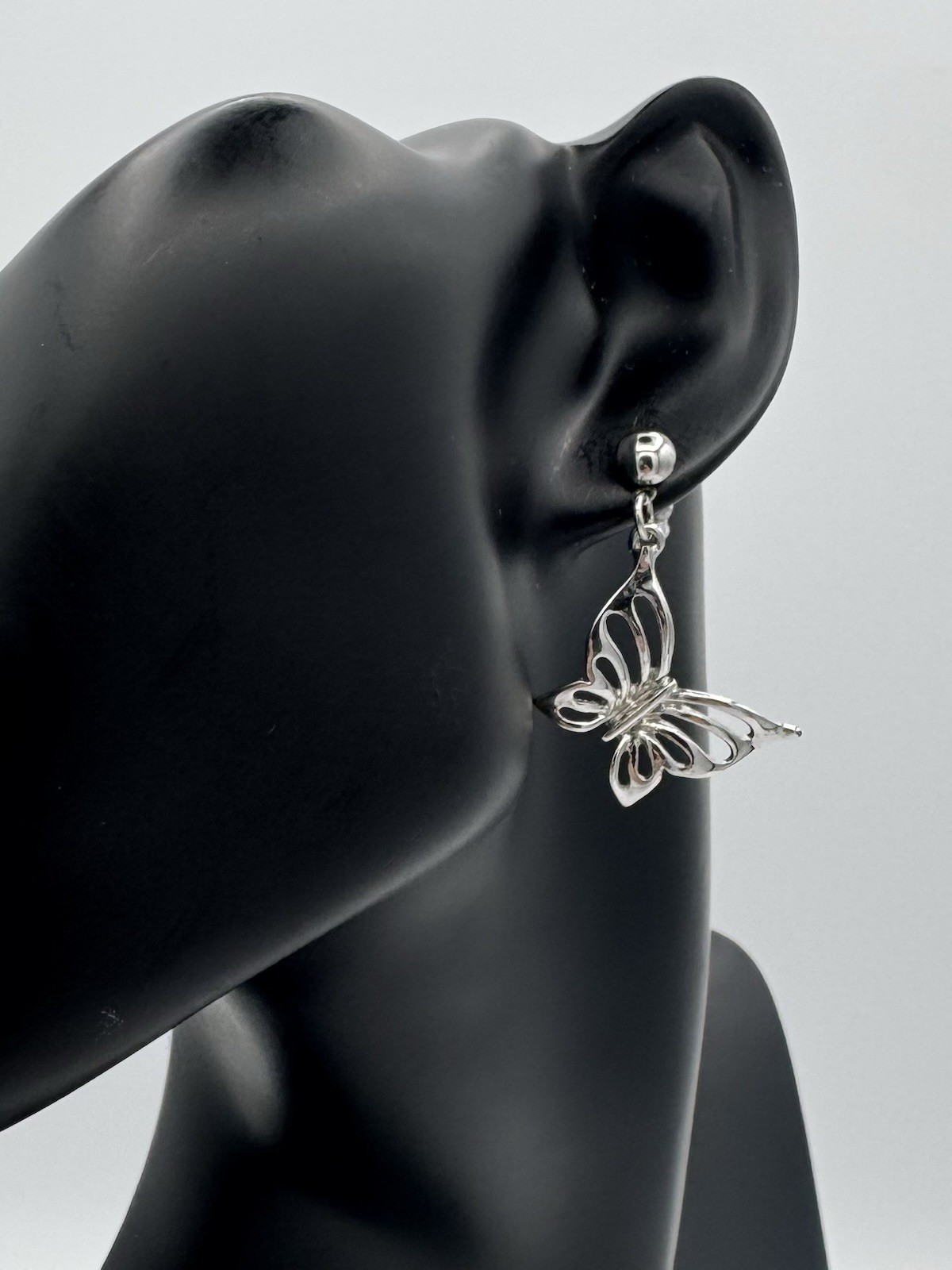 Silver Tone Butterfly Dangle Earrings – Pierced Post with Friction Back