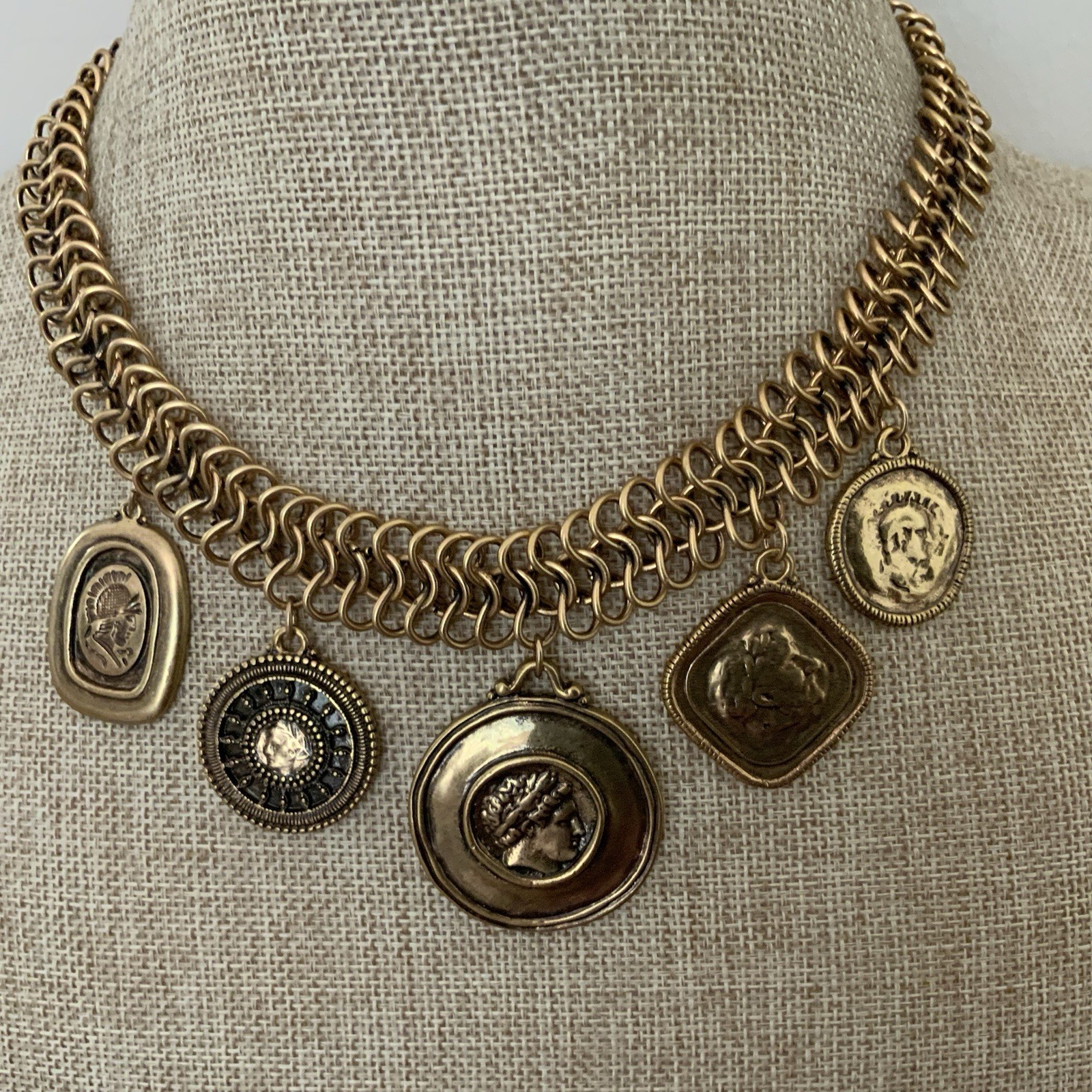 Chico’s Roman Coin Statement Necklace Antique Brass Medallion Charm Bib