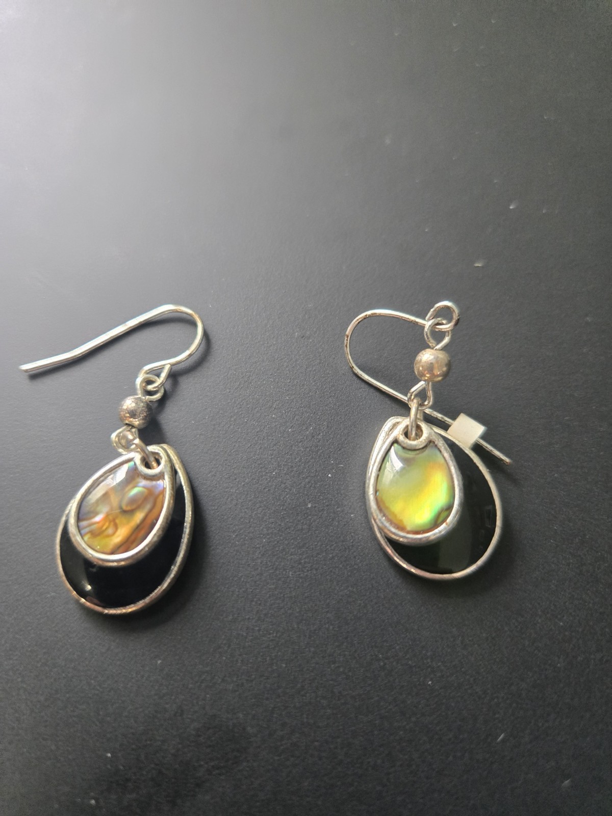 Silver Tear Drop Earrings Abolone And Black Inlay Green Irridescent