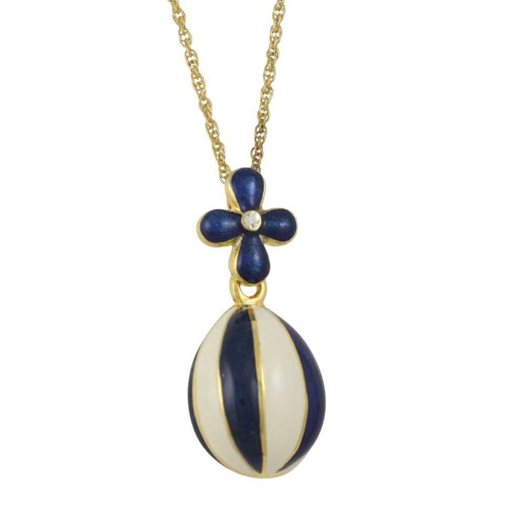 Blue and White Enamel Striped Egg Pendant on Gold Chain – PT610
