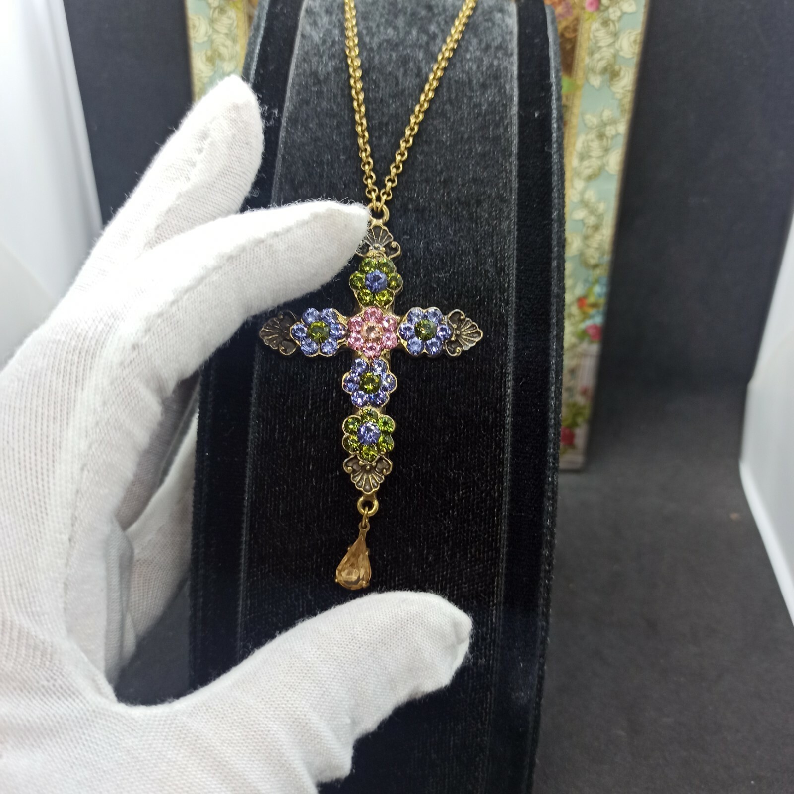 Michal Negrin Cross Necklace Purple Flower Pendant & Swarovski Crystals Gift New