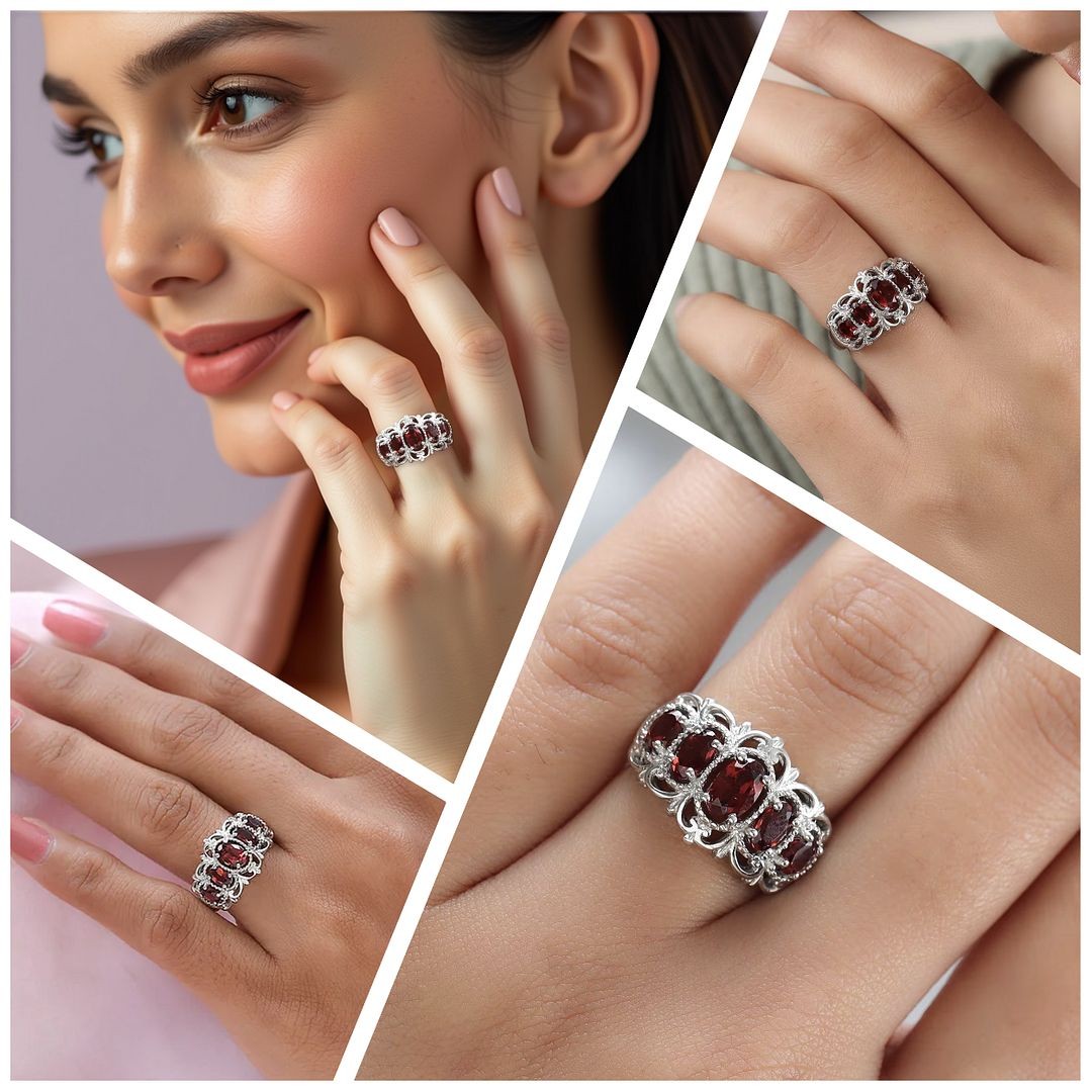 Garnet 1.50 ctw 5 Stone Ring in Platinum Plated Size 6.0