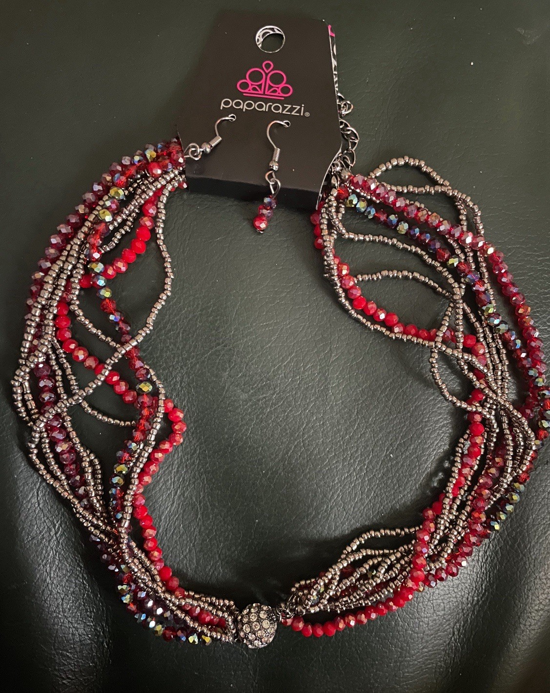 Paparazzi Earrings & Necklace Set Red Black Silver Shiny Costume Jewelry NEW
