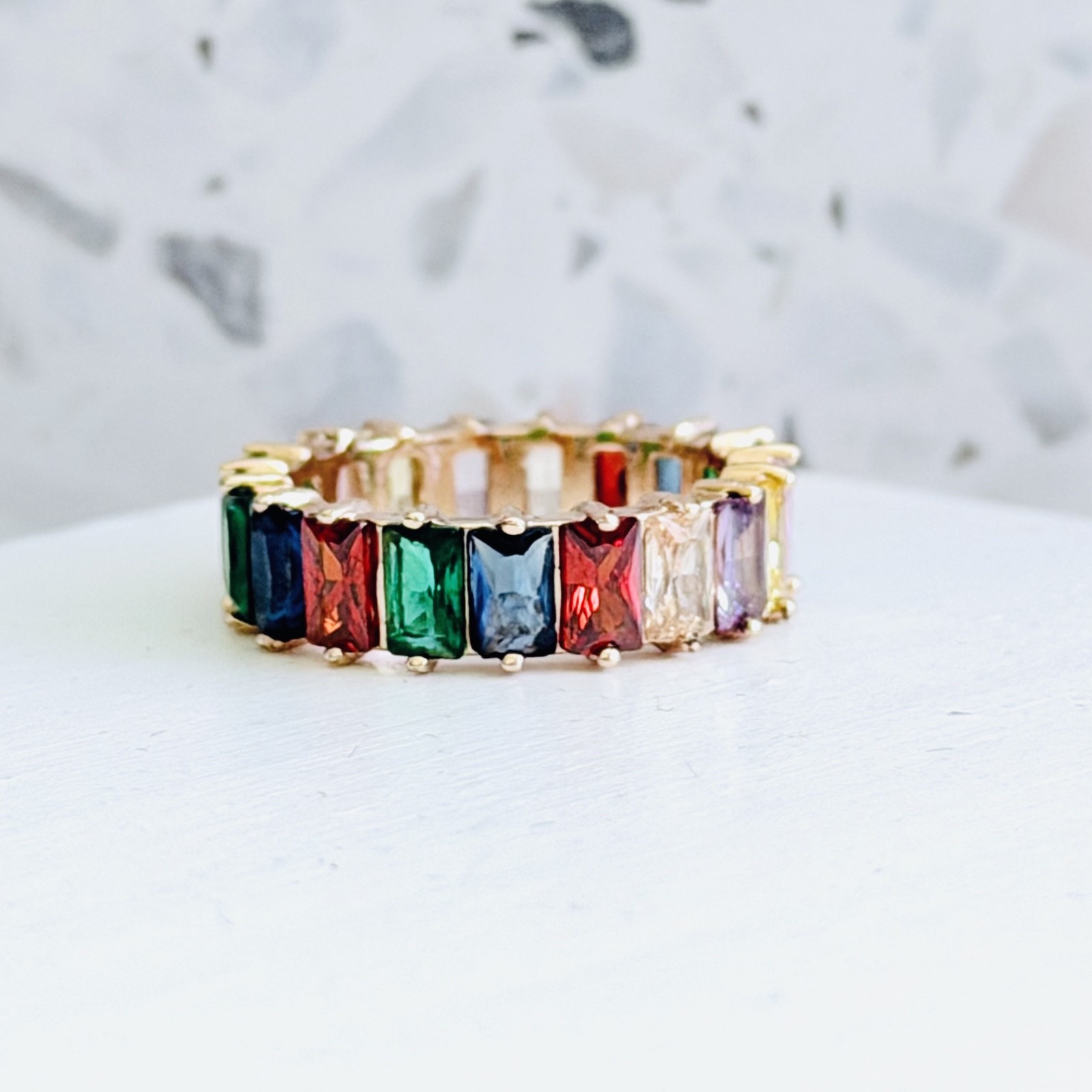 14k Gold & 925 Solid Multicolor Sapphire Rainbow Eternity Ring For Her Size 6
