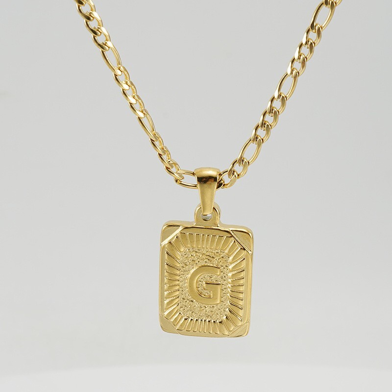 18″ Gold Plated Initial Letter Pendant Necklace Stainless Steel Figaro Chain