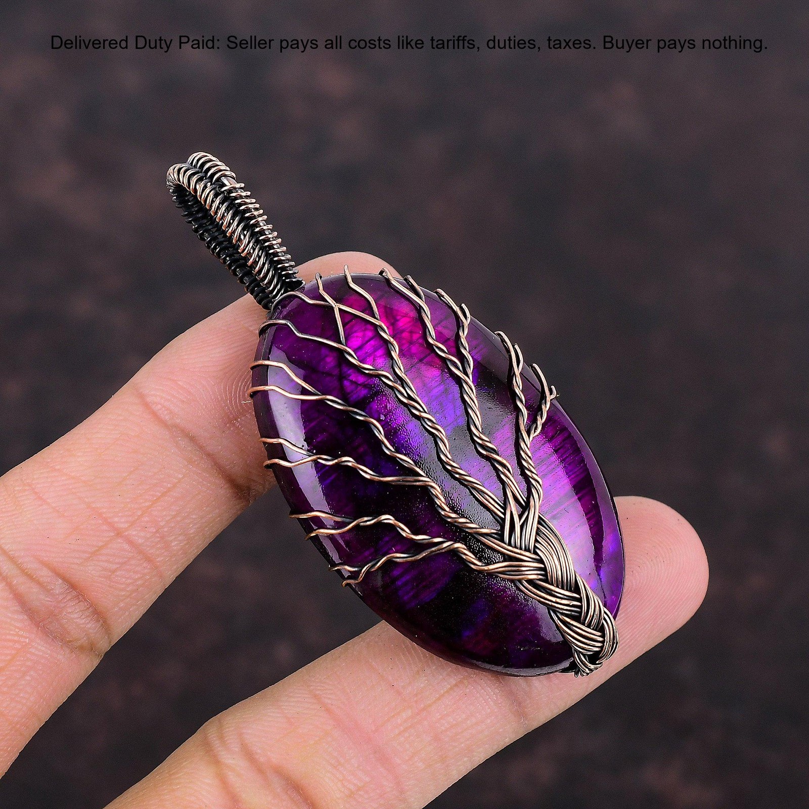 Pink Fire Labradorite Gemstone Copper Christmas Tree Of Life Pendant Jewelry