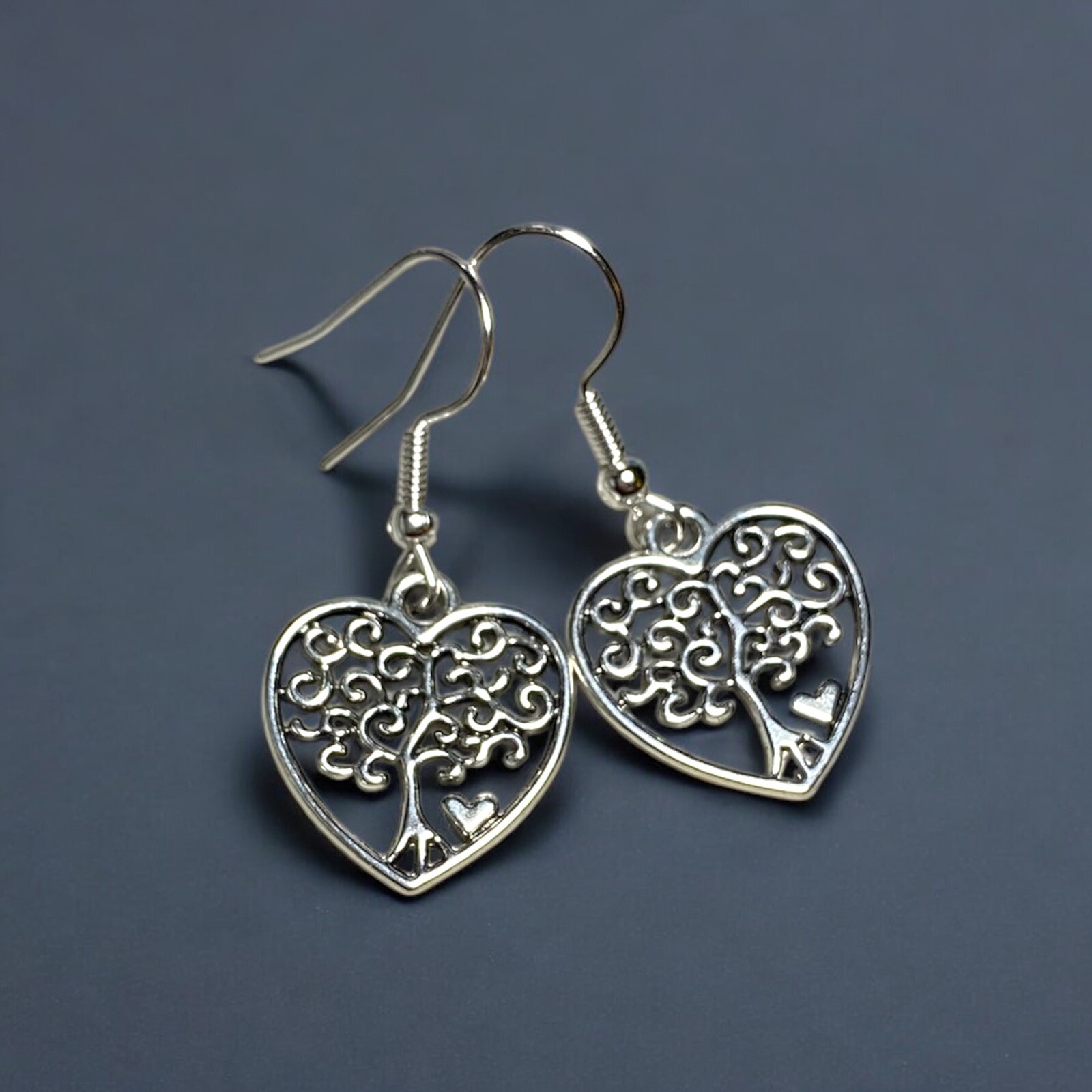 Tree Of Life Heart Dangle Earring, Silver Plated Ear Hook, 3.5cm
