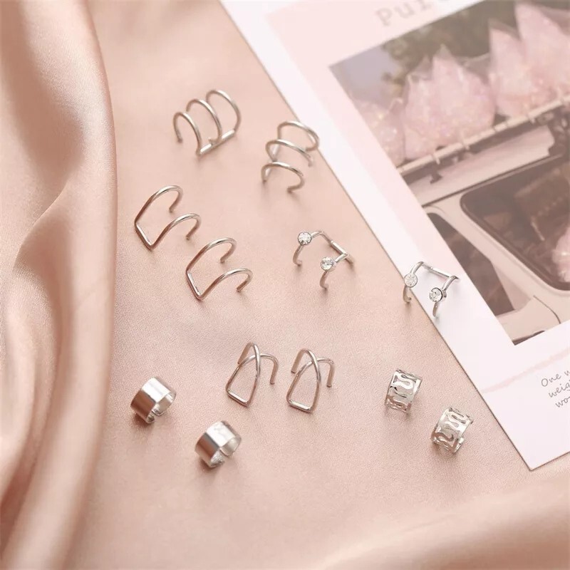 12 pcs/set Ear Cuff Women Cartilage Earrings Non-Piercing Ear Clips Crystal Clip