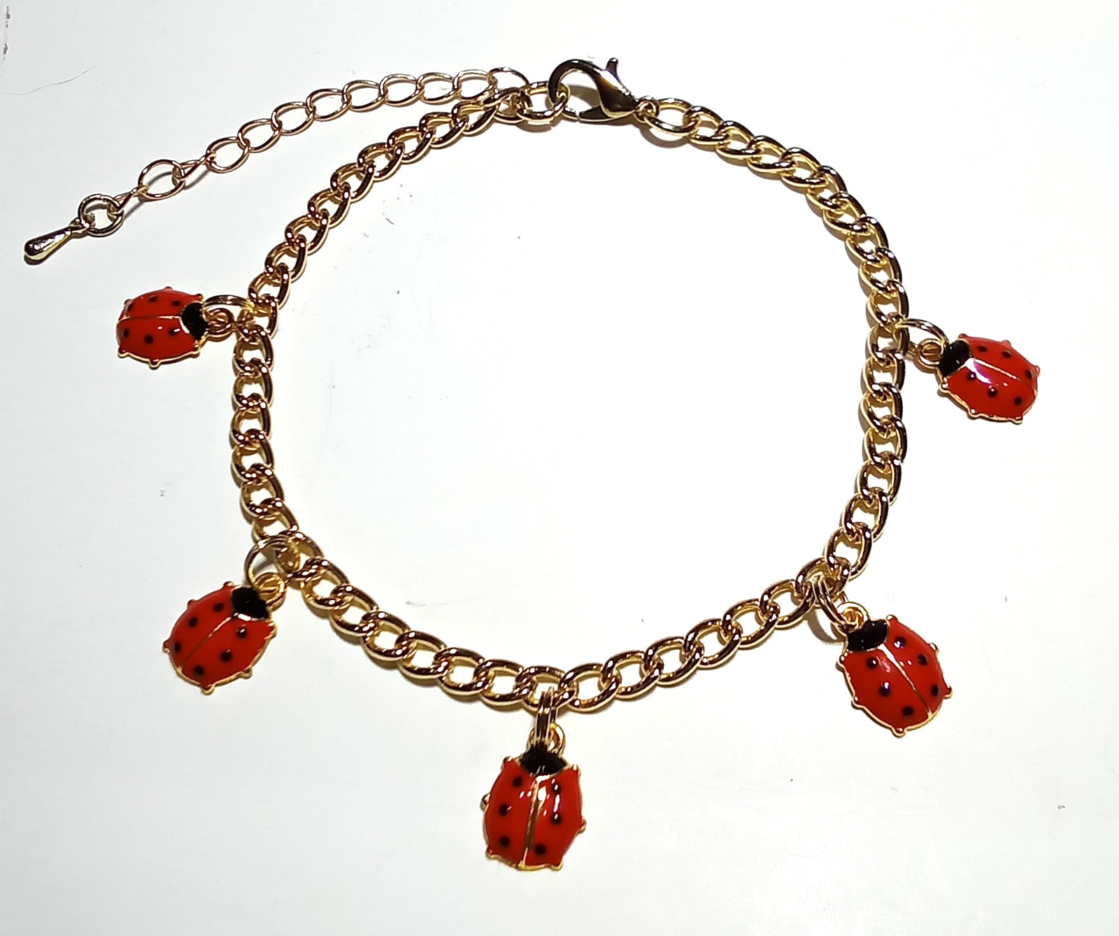 Ladybug Bracelet Gold tone chain 5 red black enamel charms ext chain Summer CUTE